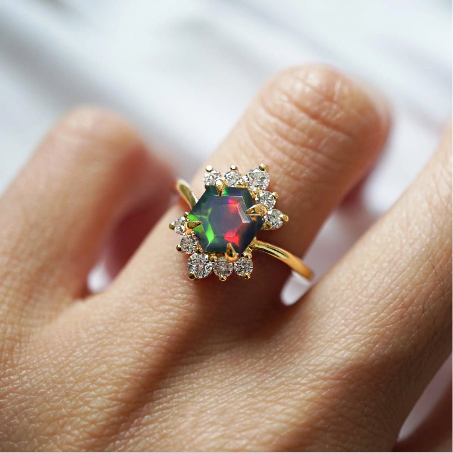 Natural Black Opal Hexagon Gemstone Ring - Goodstone Jewels