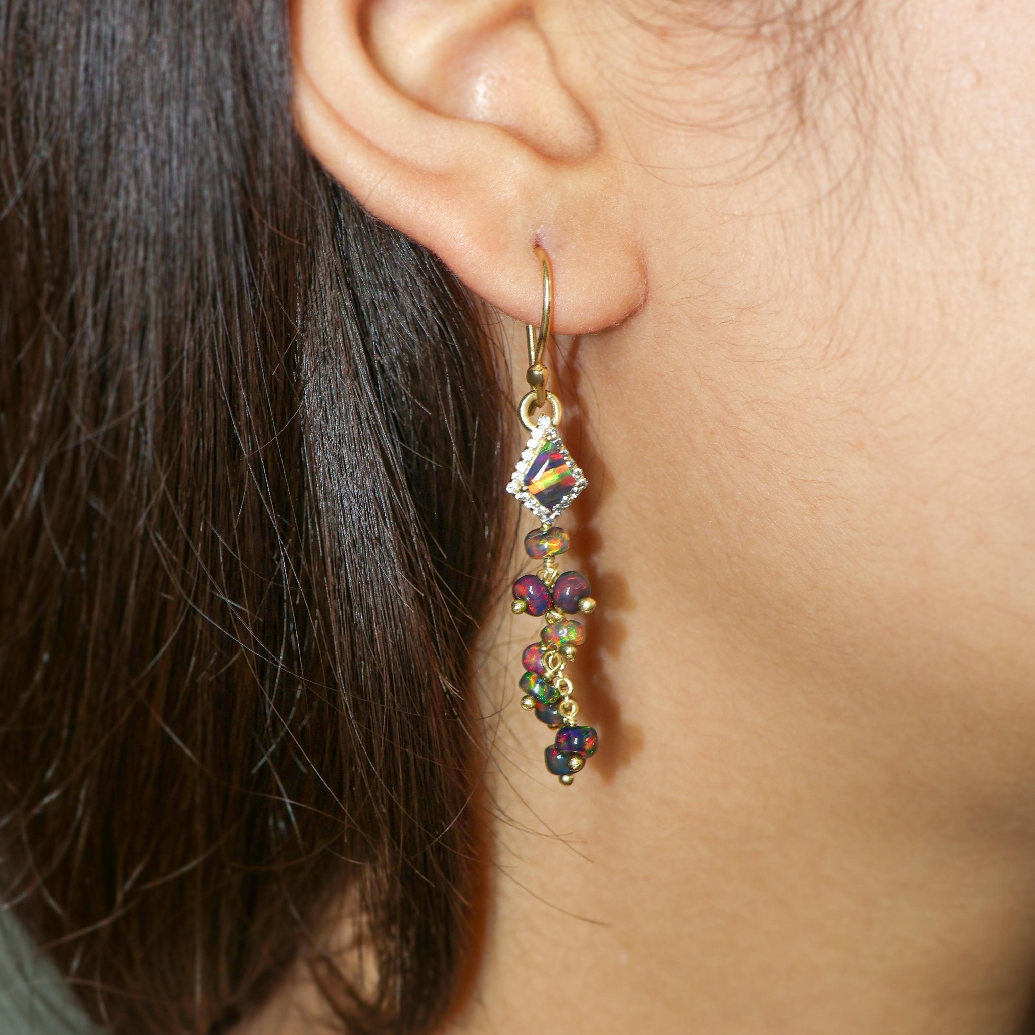 Natural Black Opal Kite Charm Beaded Cluster Earrings - Goodstone Jewels