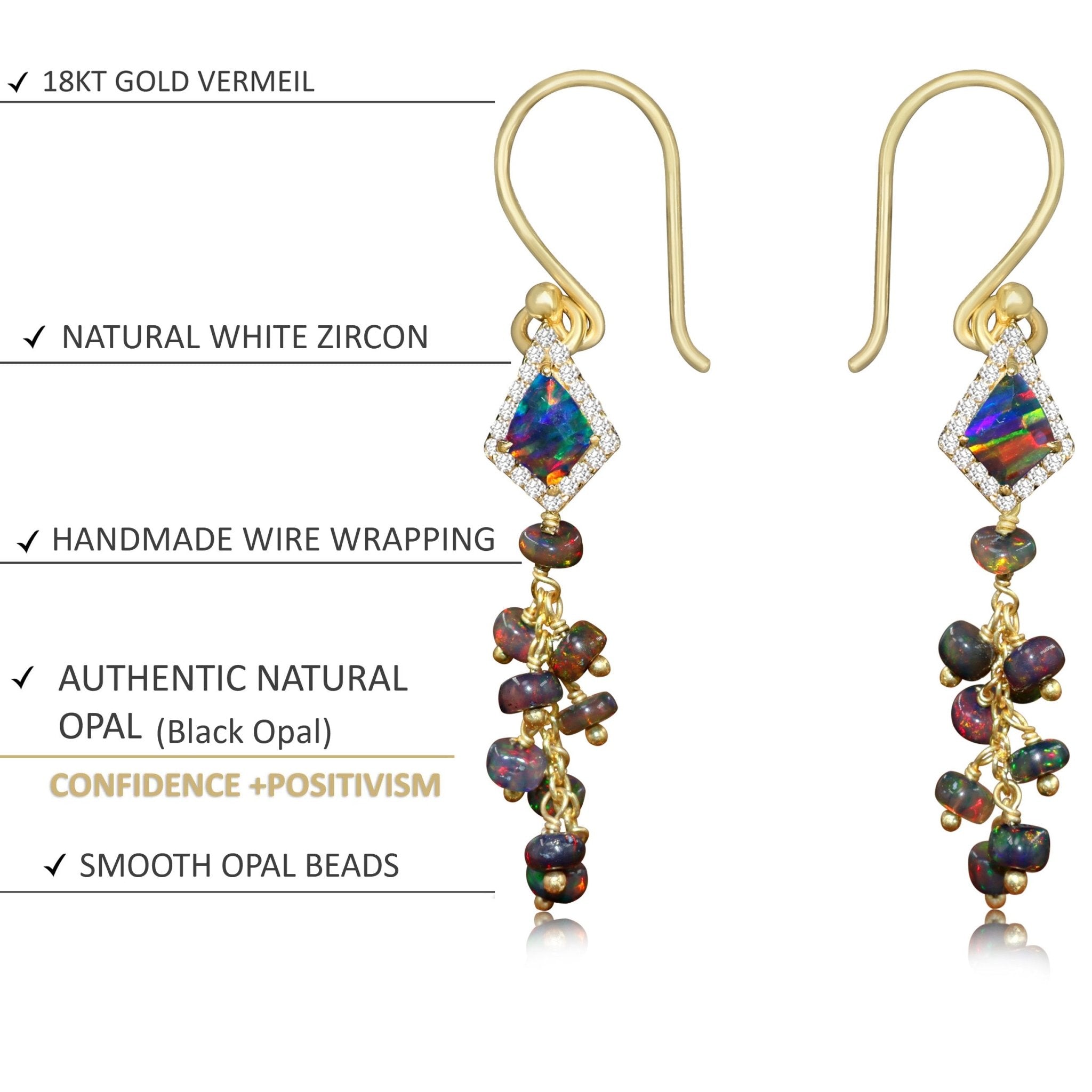 Natural Black Opal Kite Charm Beaded Cluster Earrings - Goodstone Jewels
