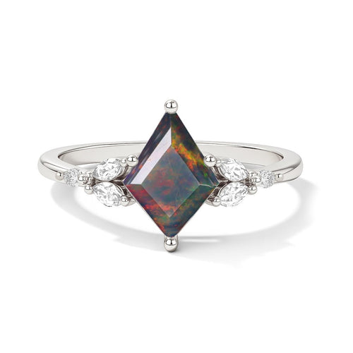 Black Opal Kite Solitaire Ring with Cubic Zircon Accents