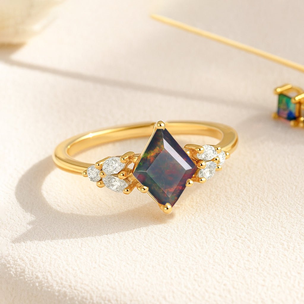 Natural Black Opal Kite Shape Faceted Cut Designer Ring with Cubic Zircon - Goodstone Jewels
