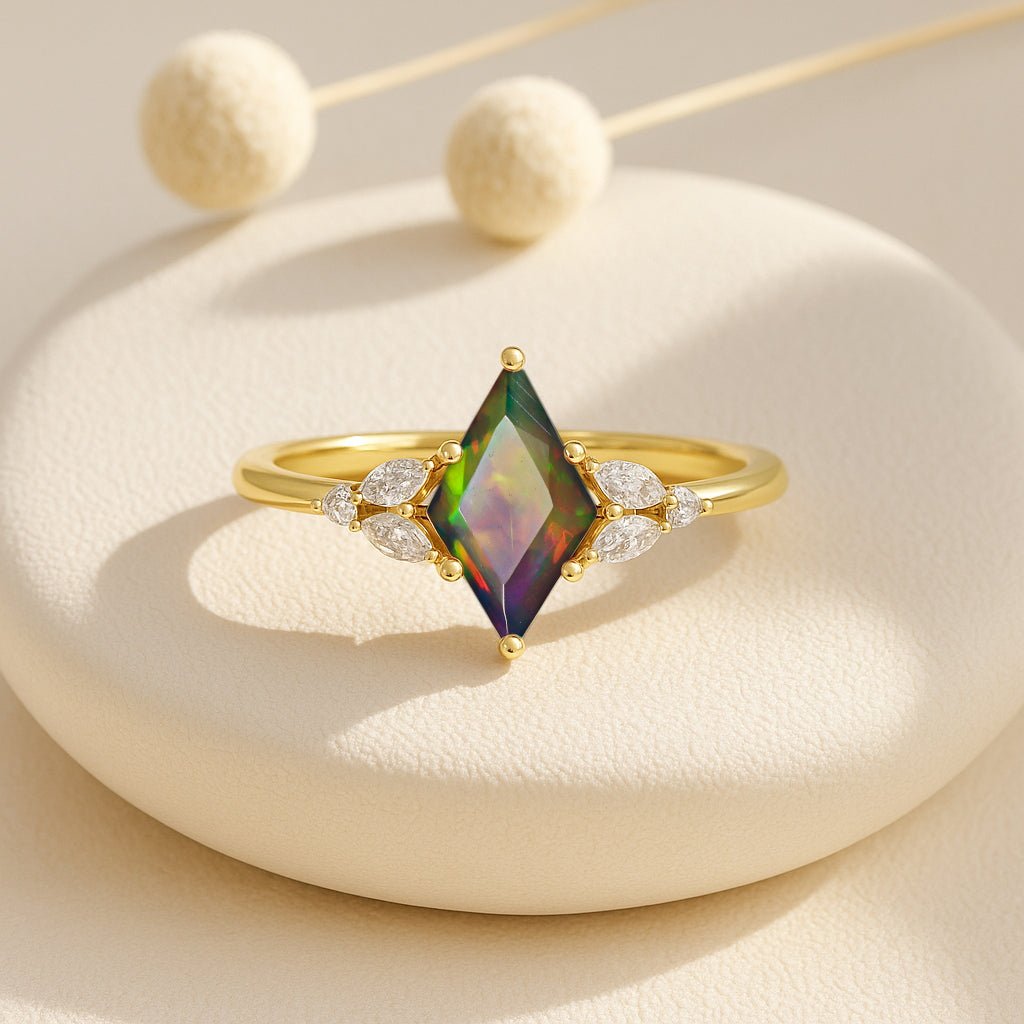 Natural Black Opal Kite Shape Solitaire Ring 8X6MM Faceted Cut - Goodstone Jewels