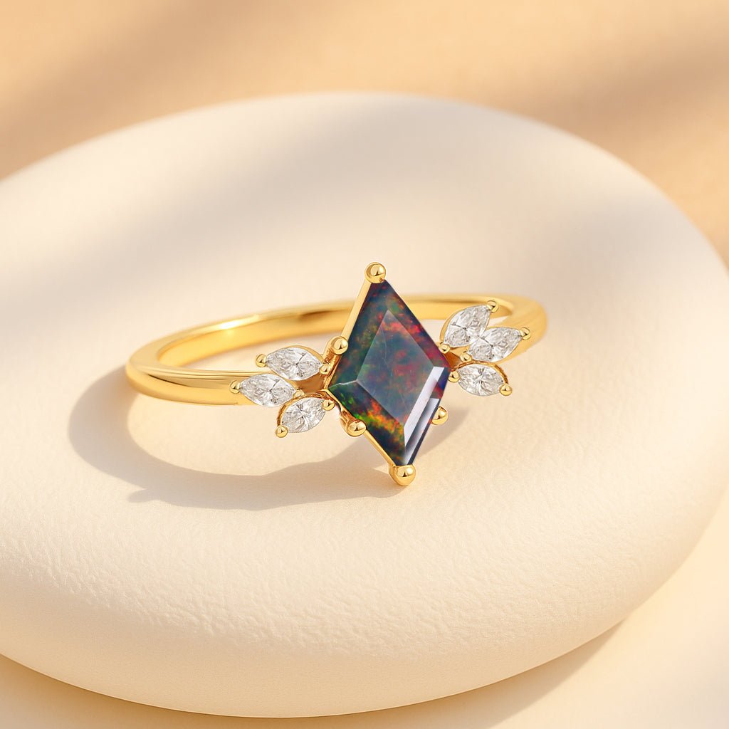 Natural Black Opal Kite Shape Solitaire Ring 8X6MM Faceted Cut - Goodstone Jewels