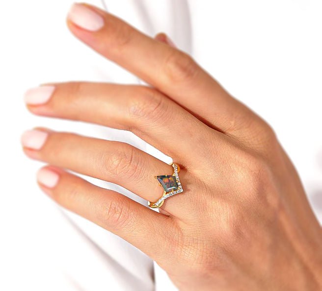 Natural Black Opal Kite Shape Wishbone Ring - Goodstone Jewels