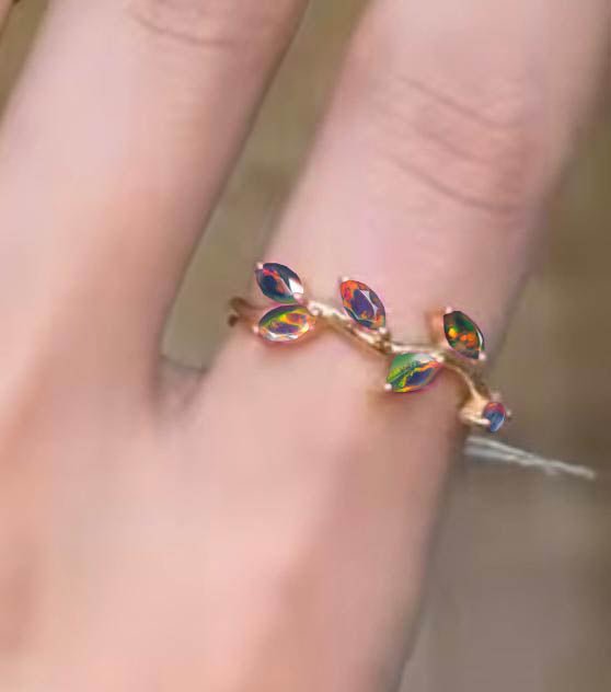 Natural Black Opal Leaf Style Six Stone Gold Filled & 925 Silver Ring - Goodstone Jewels