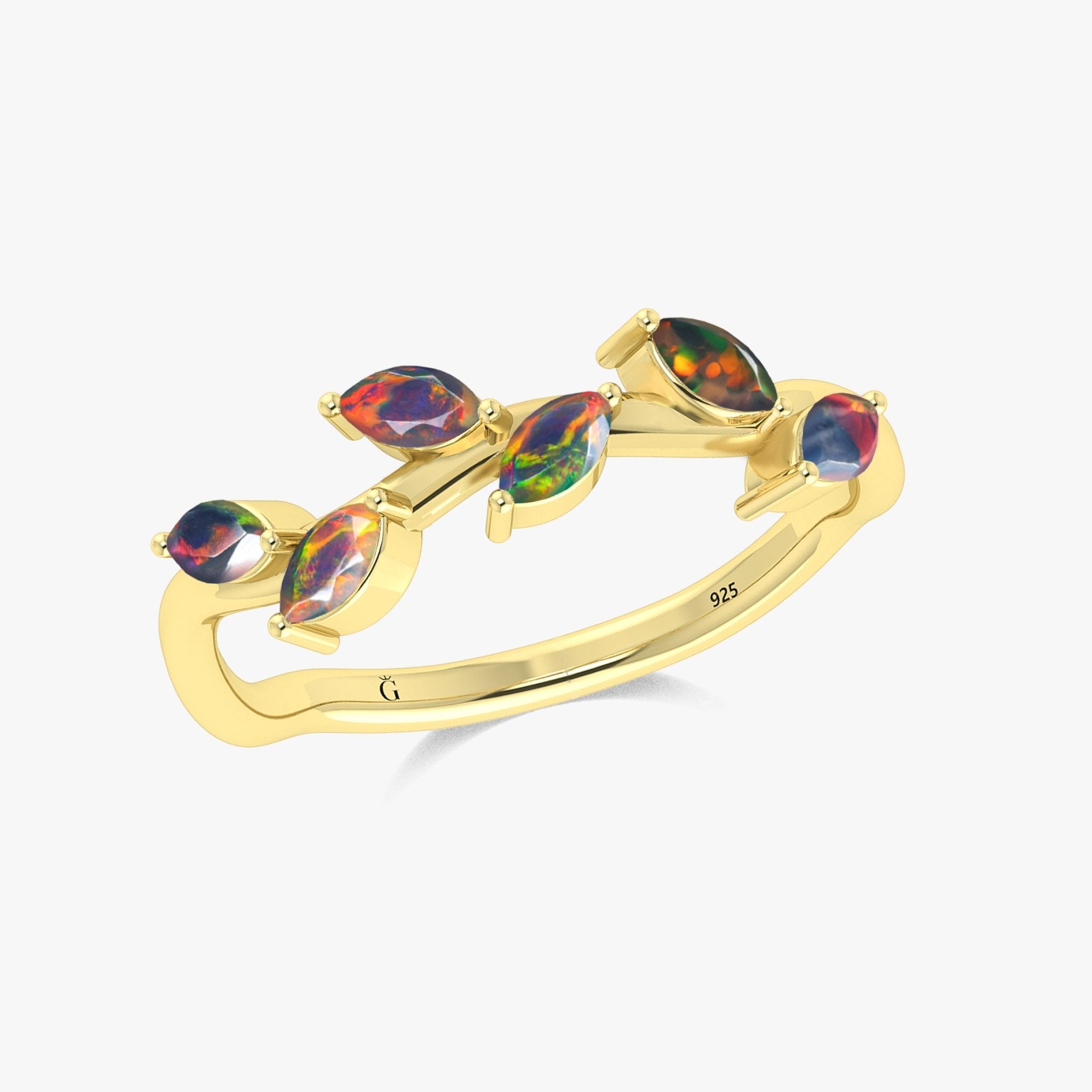 Natural Black Opal Leaf Style Six Stone Gold Filled & 925 Silver Ring - Goodstone Jewels