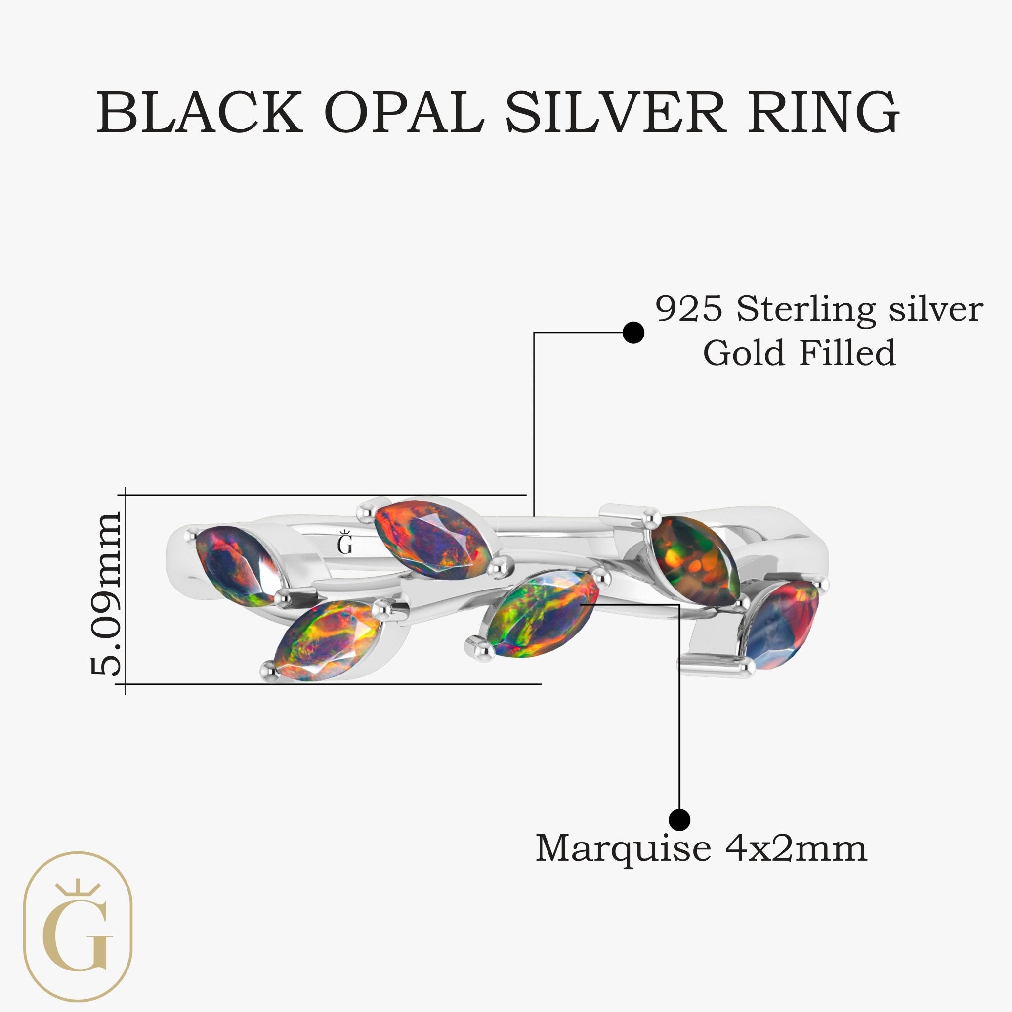 Natural Black Opal Leaf Style Six Stone Gold Filled & 925 Silver Ring - Goodstone Jewels