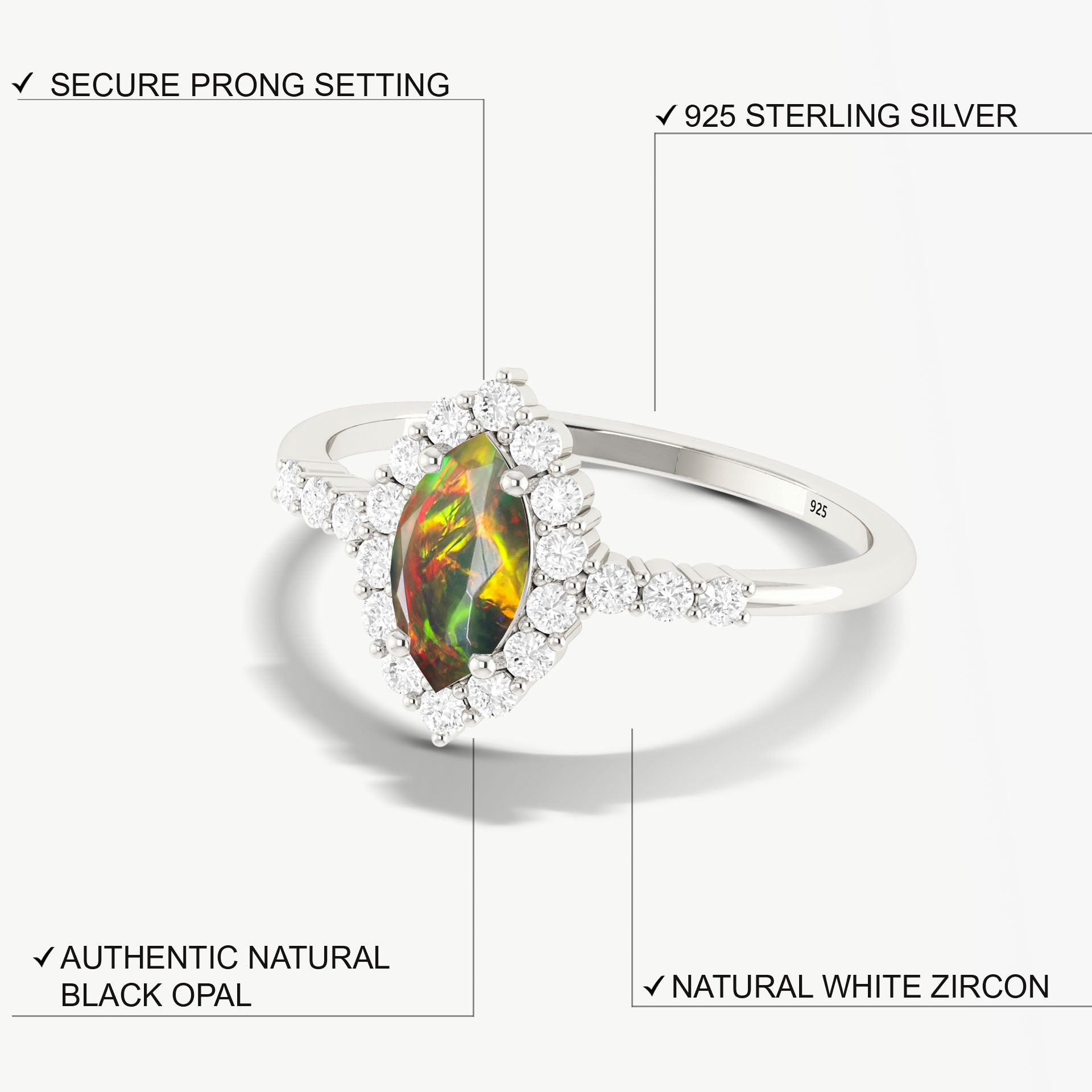 Natural Black Opal Marquise Shape Halo Wedding Ring - Goodstone Jewels
