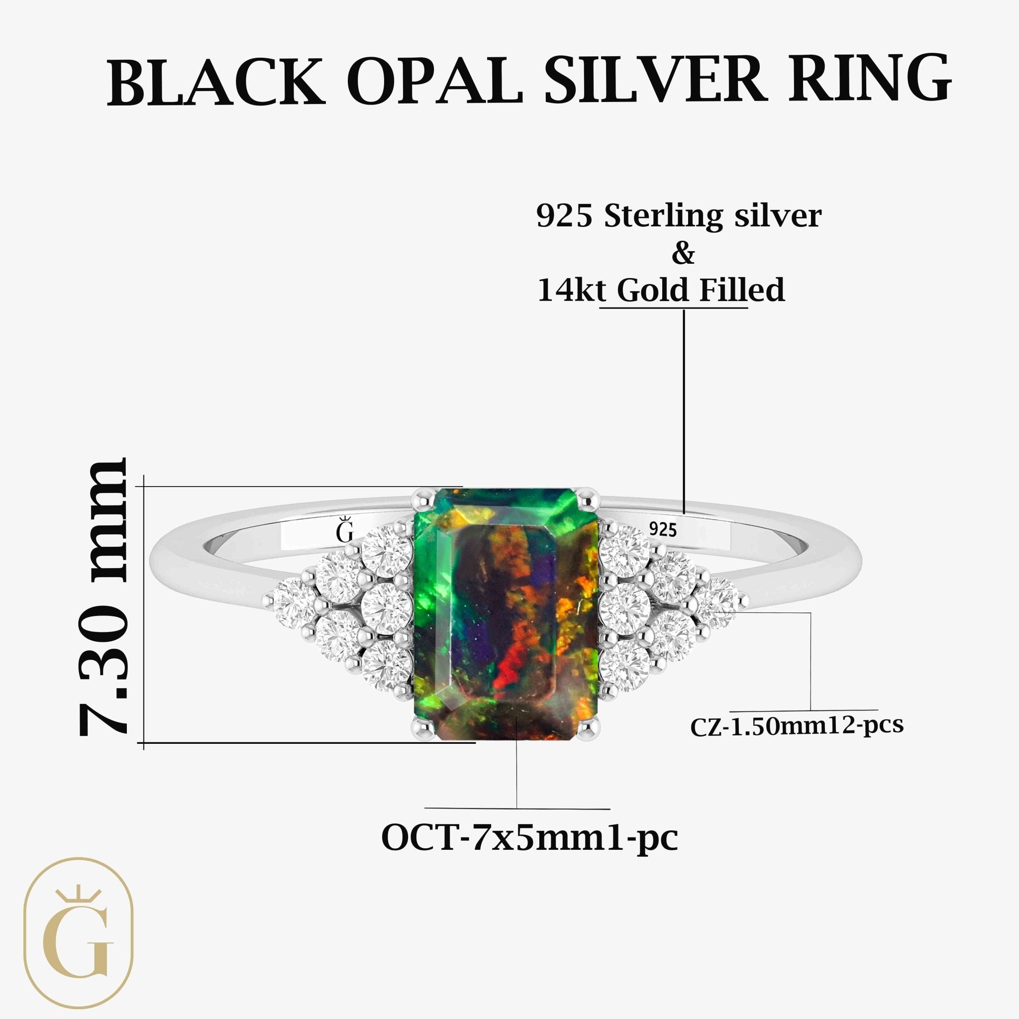 Natural Black Opal Octagon Stone Solitaire Ring in Yellow Gold Filled & Sterling Silver - Goodstone Jewels