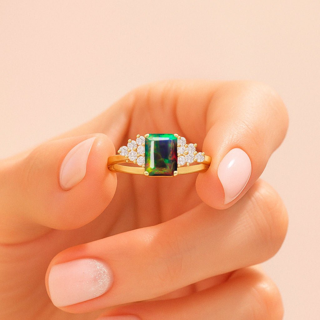 Natural Black Opal Octagon Stone Solitaire Ring in Yellow Gold Filled & Sterling Silver - Goodstone Jewels