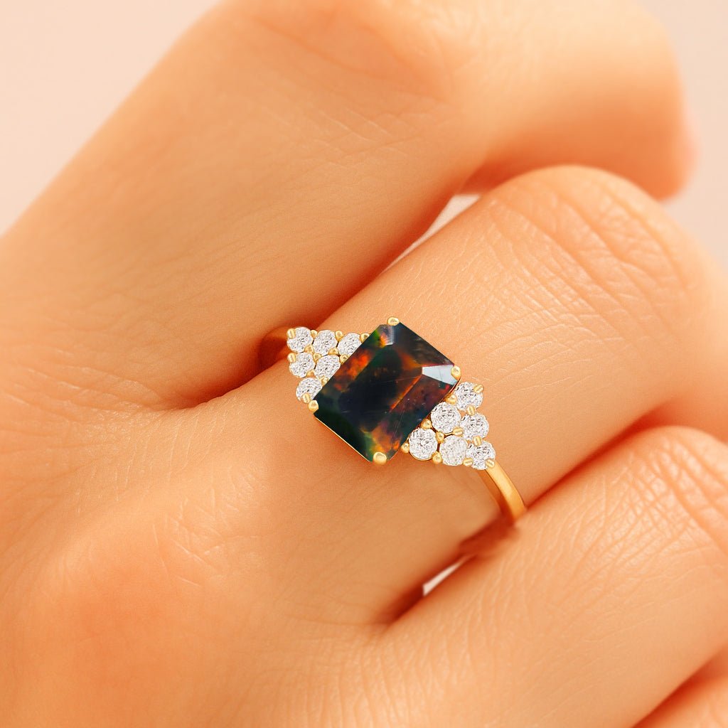 Natural Black Opal Octagon Stone Solitaire Ring in Yellow Gold Filled & Sterling Silver - Goodstone Jewels