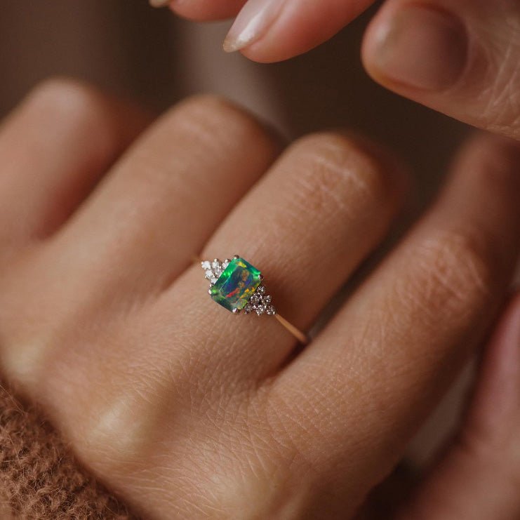 Natural Black Opal Octagon Stone Solitaire Ring in Yellow Gold Filled & Sterling Silver - Goodstone Jewels