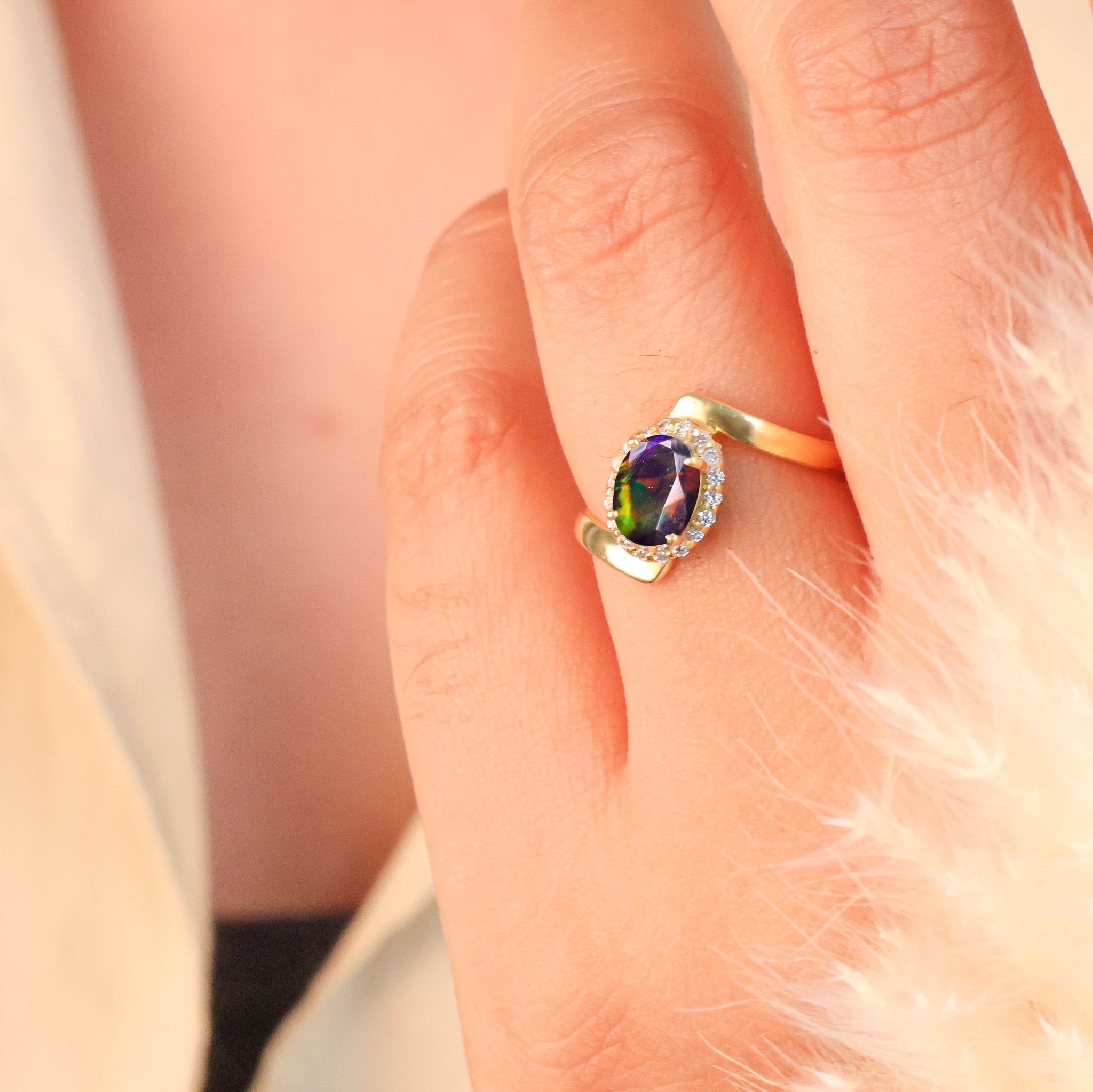 Natural Black Opal Oval Shape Bypass Halo Ring - Goodstone Jewels