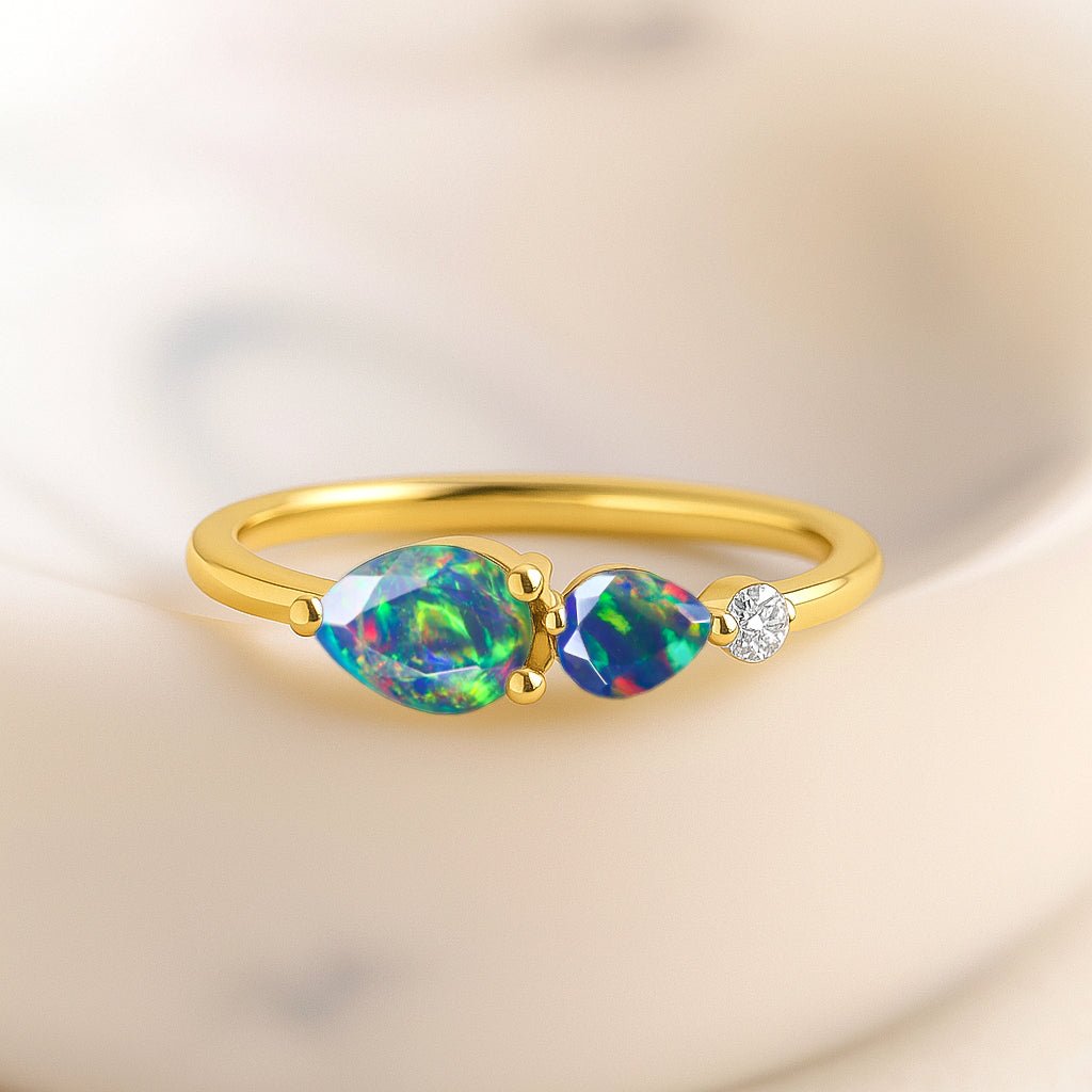 Natural Black Opal Pear Shape Two Stone Ring in Yellow Gold Filled & Silver - Goodstone Jewels