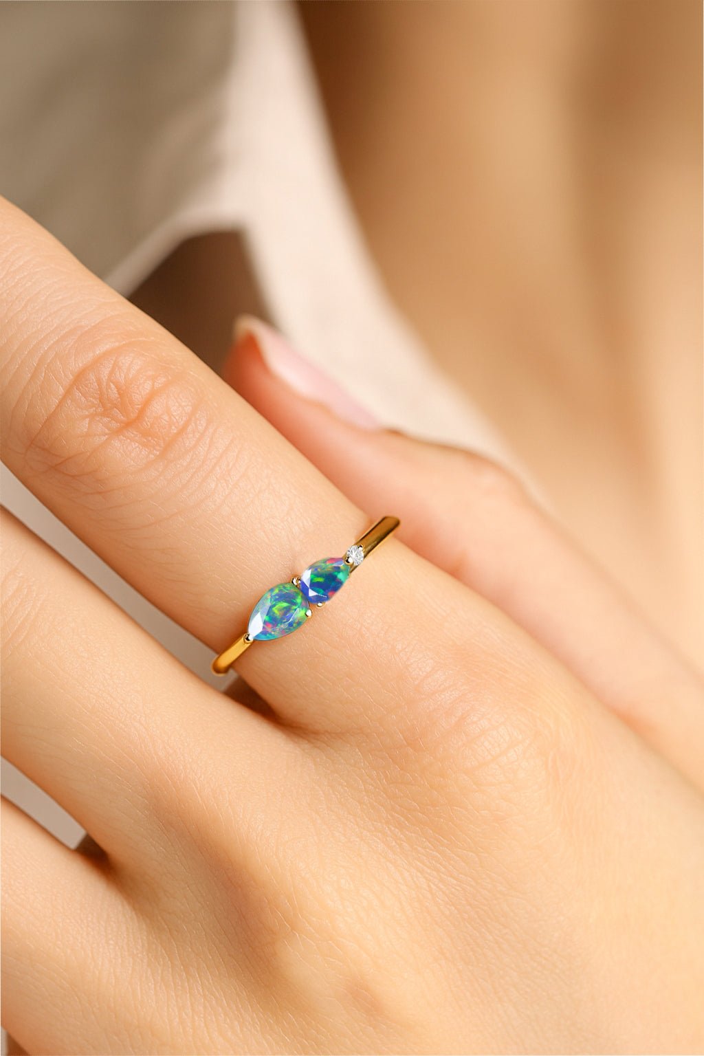 Natural Black Opal Pear Shape Two Stone Ring in Yellow Gold Filled & Silver - Goodstone Jewels