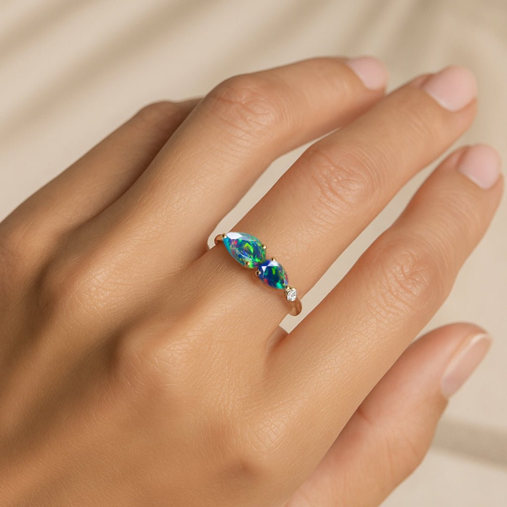 Natural Black Opal Pear Shape Two Stone Ring in Yellow Gold Filled & Silver - Goodstone Jewels