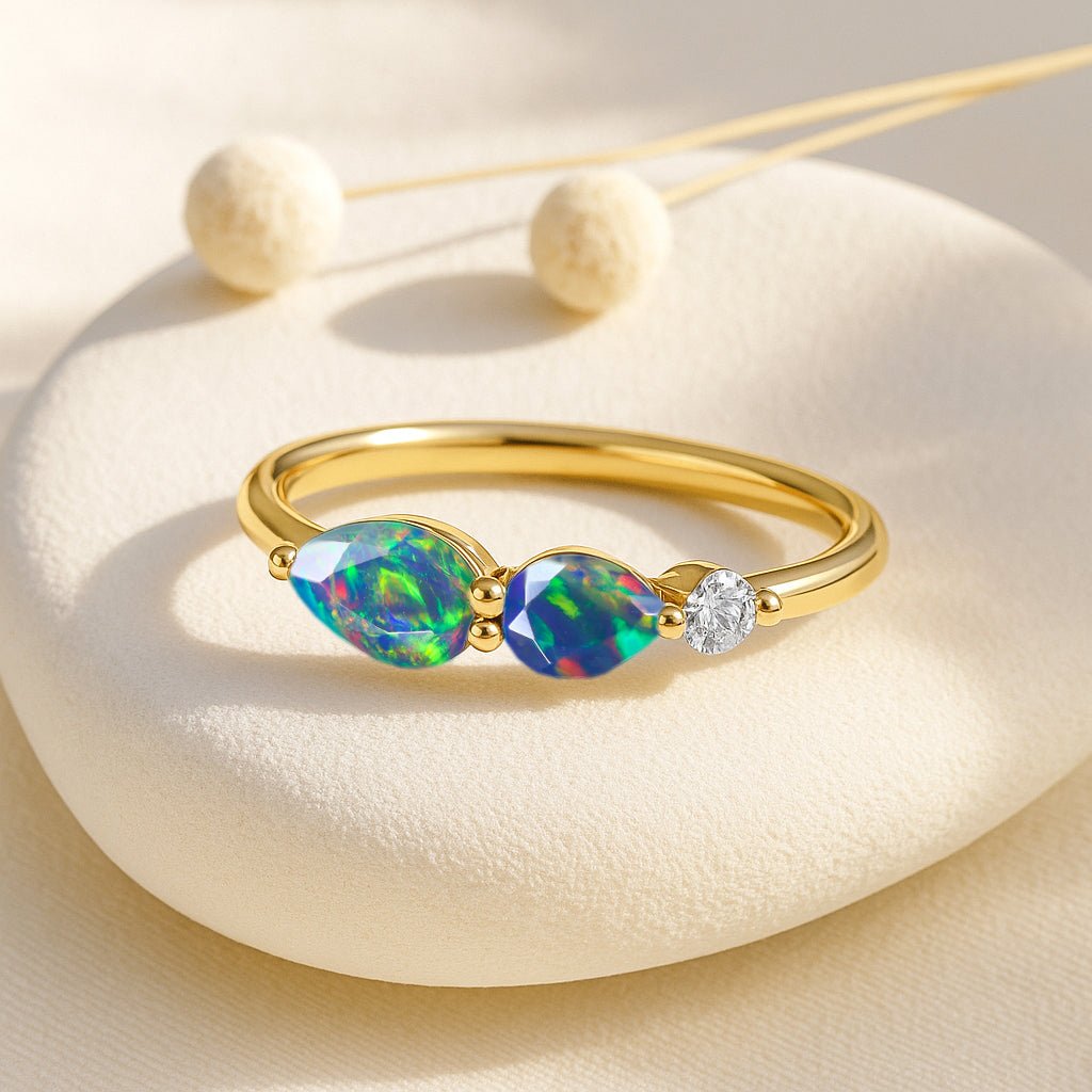 Natural Black Opal Pear Shape Two Stone Ring in Yellow Gold Filled & Silver - Goodstone Jewels