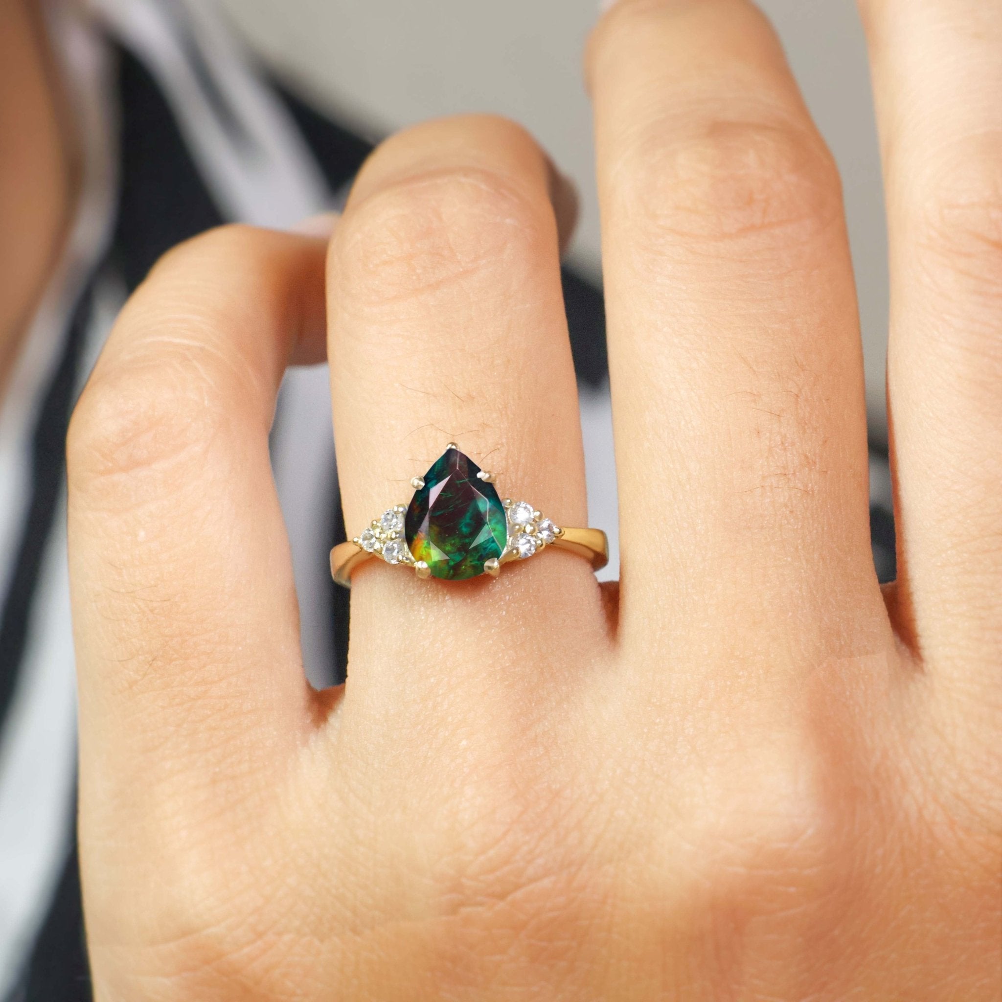 Natural Black Opal Pear Shape & White Zircon Solitaire with Accents Ring - Goodstone Jewels