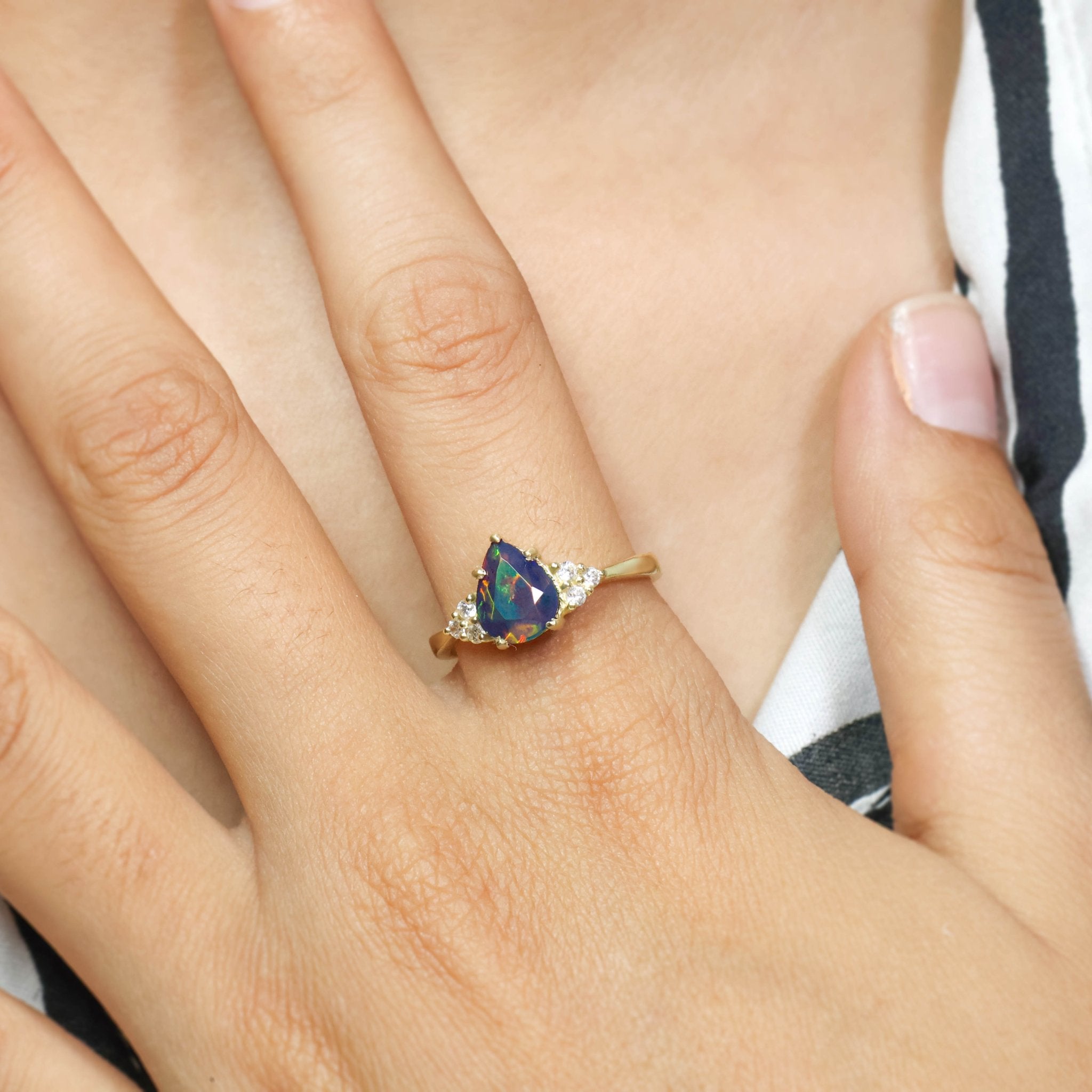 Natural Black Opal Pear Shape & White Zircon Solitaire with Accents Ring - Goodstone Jewels