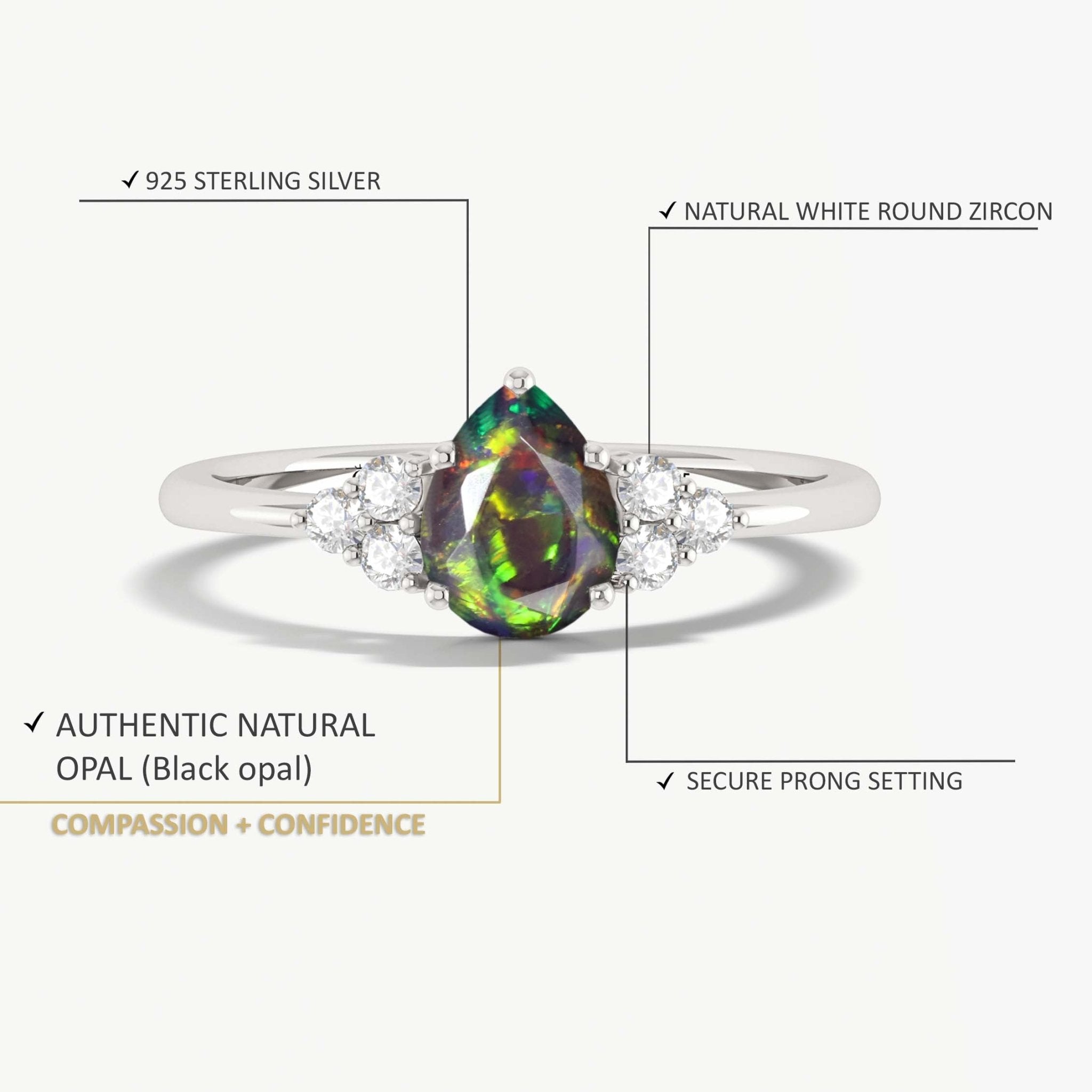 Natural Black Opal Pear Shape & White Zircon Solitaire with Accents Ring - Goodstone Jewels