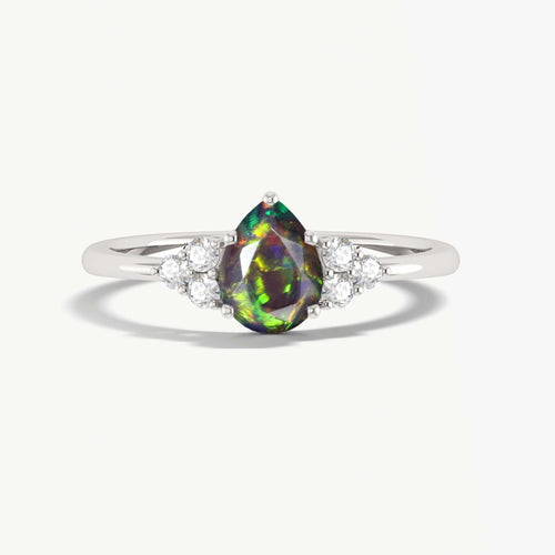 Natural Black Opal Pear Shape & White Zircon Solitaire with Accents Ring