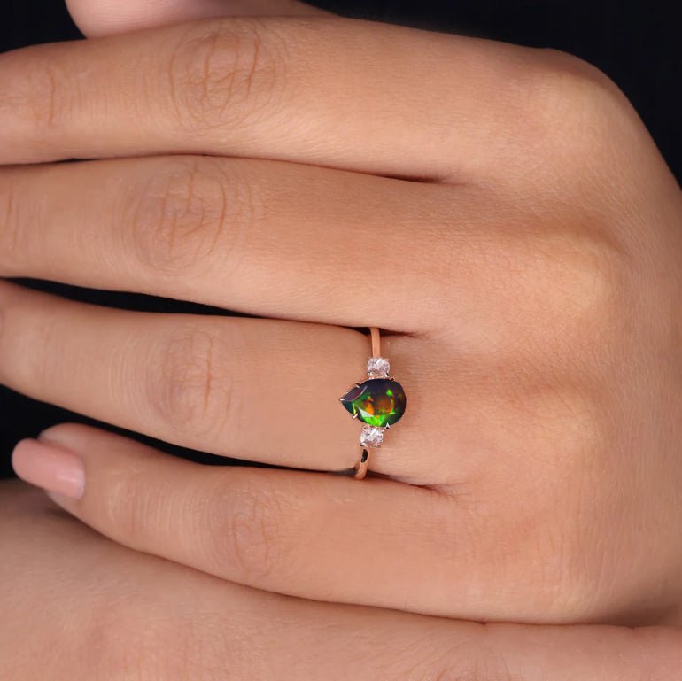 Natural Black Opal Pear Shape with Zircon Three Stone Statement Ring - Goodstone Jewels