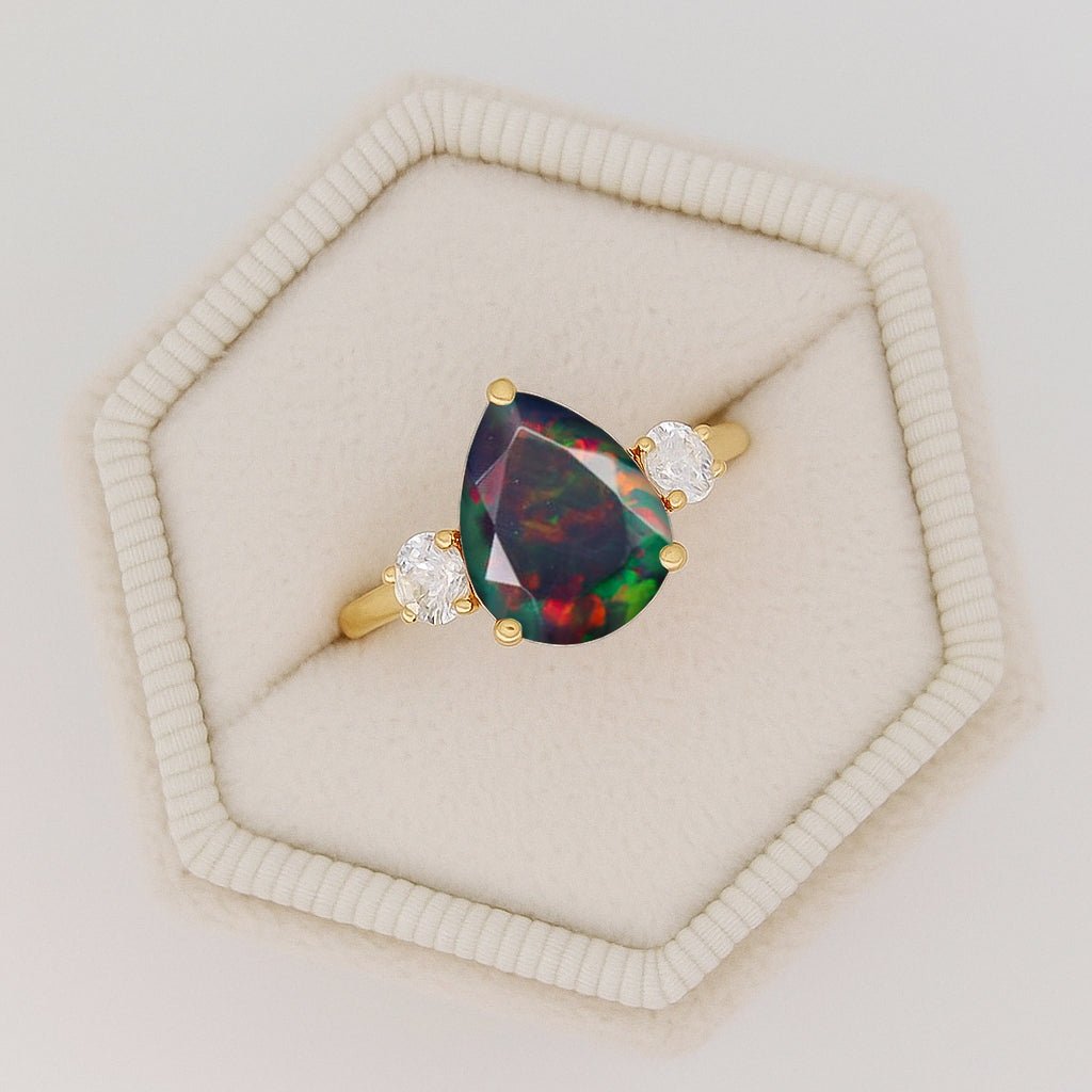 Natural Black Opal Pear Shape with Zircon Three Stone Statement Ring - Goodstone Jewels