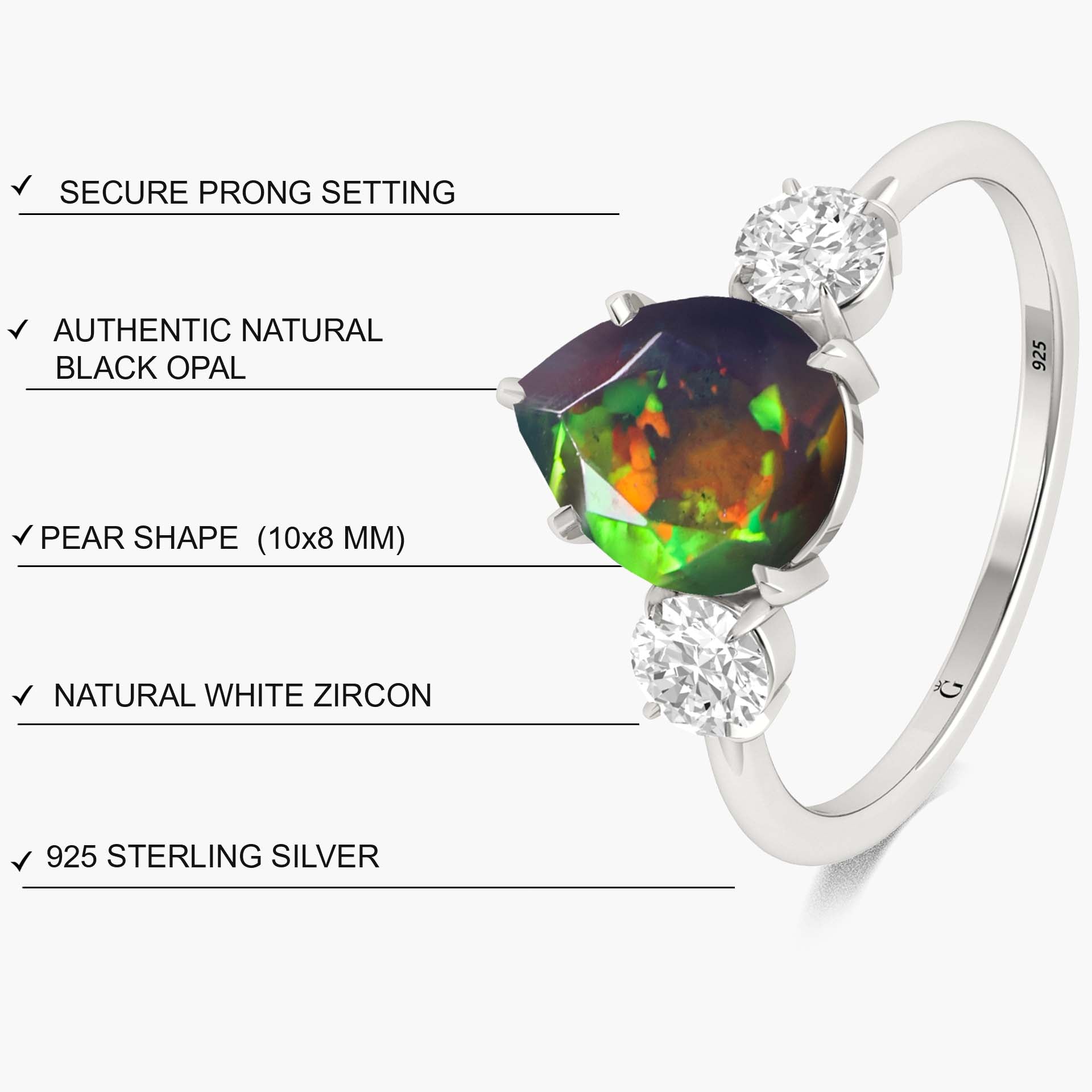 Natural Black Opal Pear Shape with Zircon Three Stone Statement Ring - Goodstone Jewels