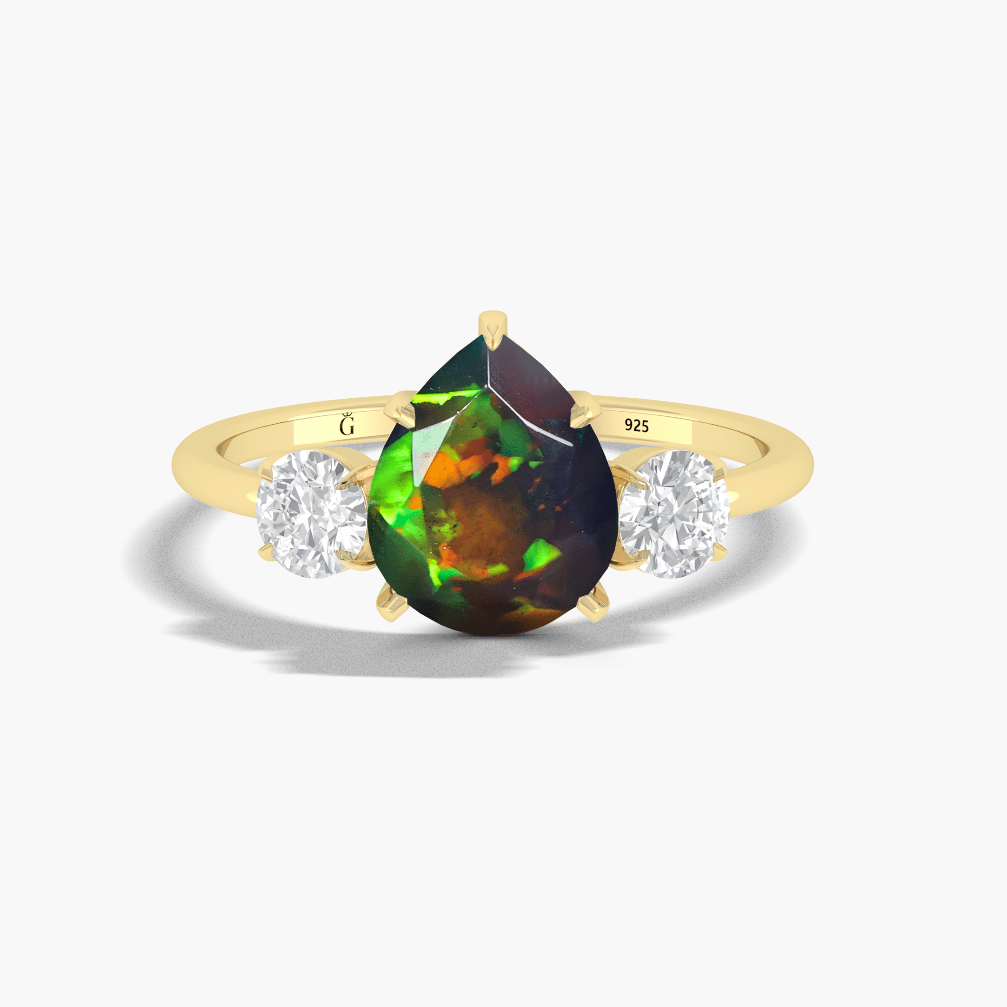 Natural Black Opal Pear Shape with Zircon Three Stone Statement Ring - Goodstone Jewels