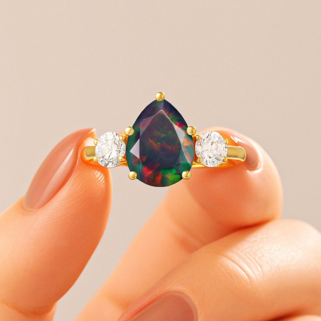 Natural Black Opal Pear Shape with Zircon Three Stone Statement Ring - Goodstone Jewels