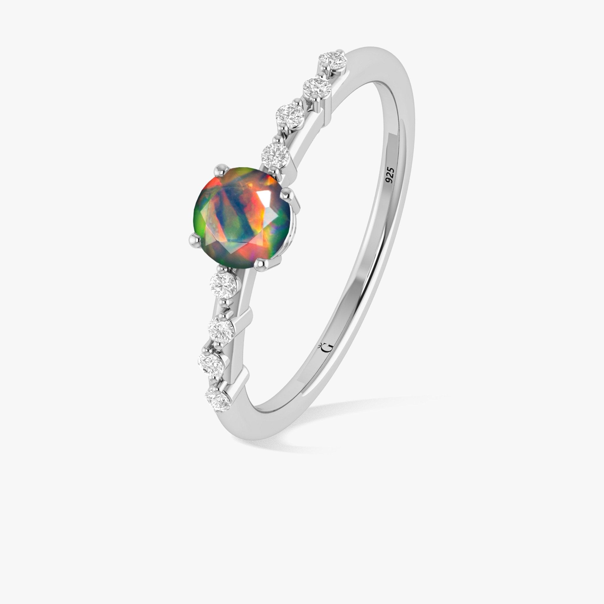 Natural Black Opal ROUND STONE MINIMALIST SOLITAIRE WITH ACCENTS RING - Goodstone Jewels