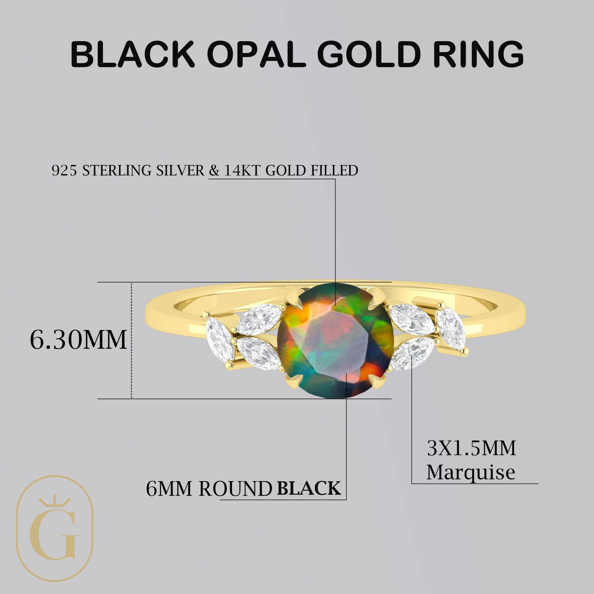 Natural Black Opal Round Stone Statement Ring in Silver & Gold Filled - Goodstone Jewels