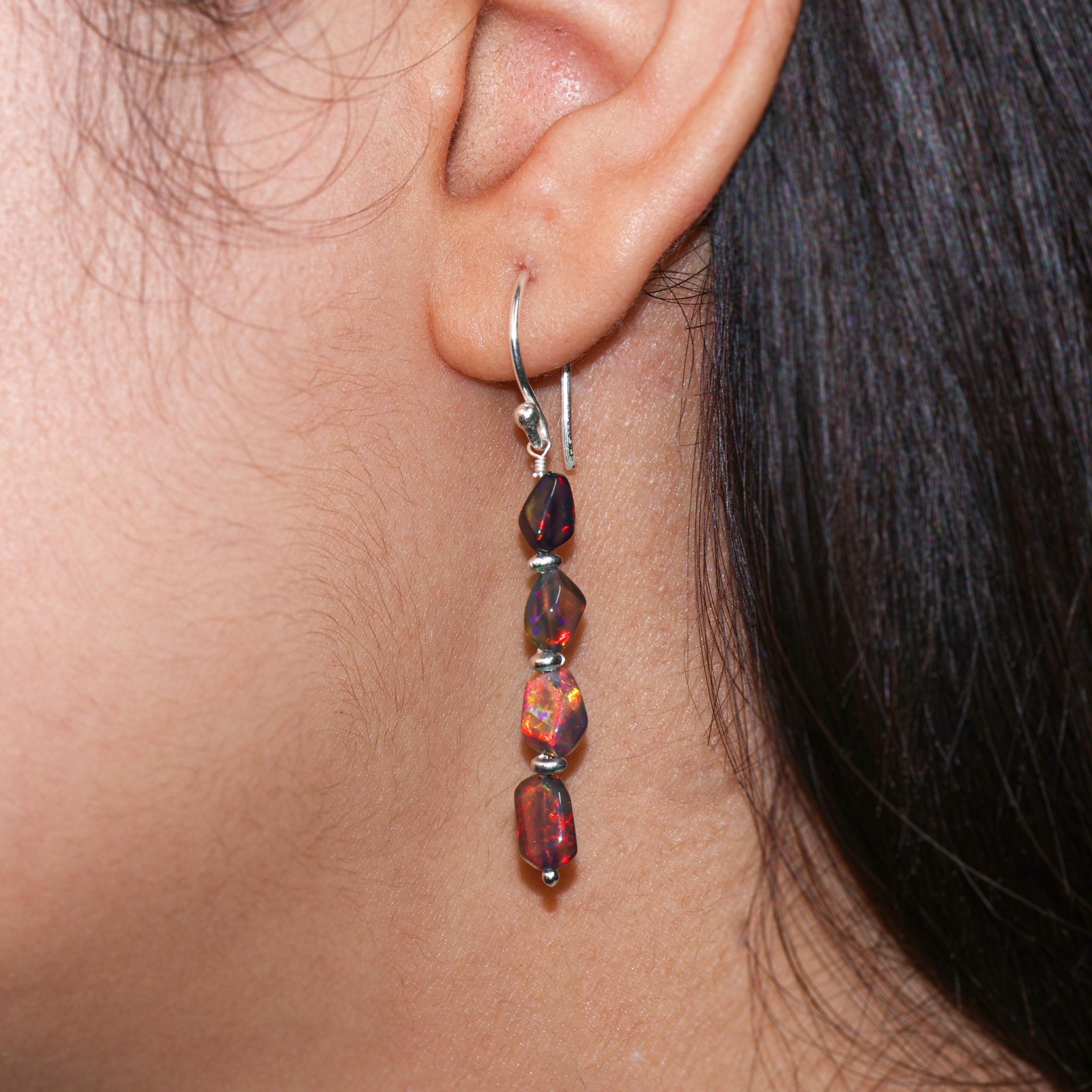Natural Black Opal Tumble Bead Linear Dangle Earrings - Goodstone Jewels