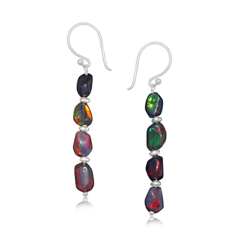Natural Black Opal Tumble Bead Linear Dangle Earrings