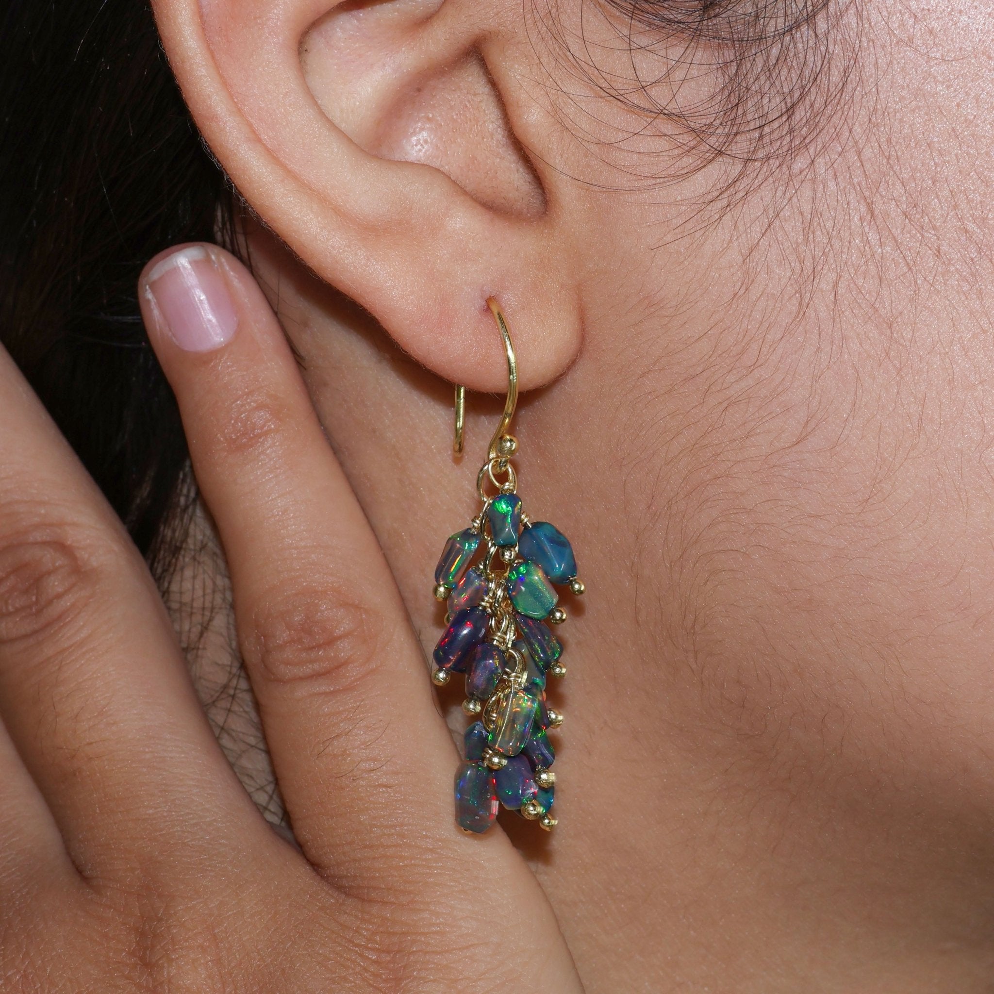 Natural Black Opal Tumble Shape Beaded Cluster Earrings - Goodstone Jewels