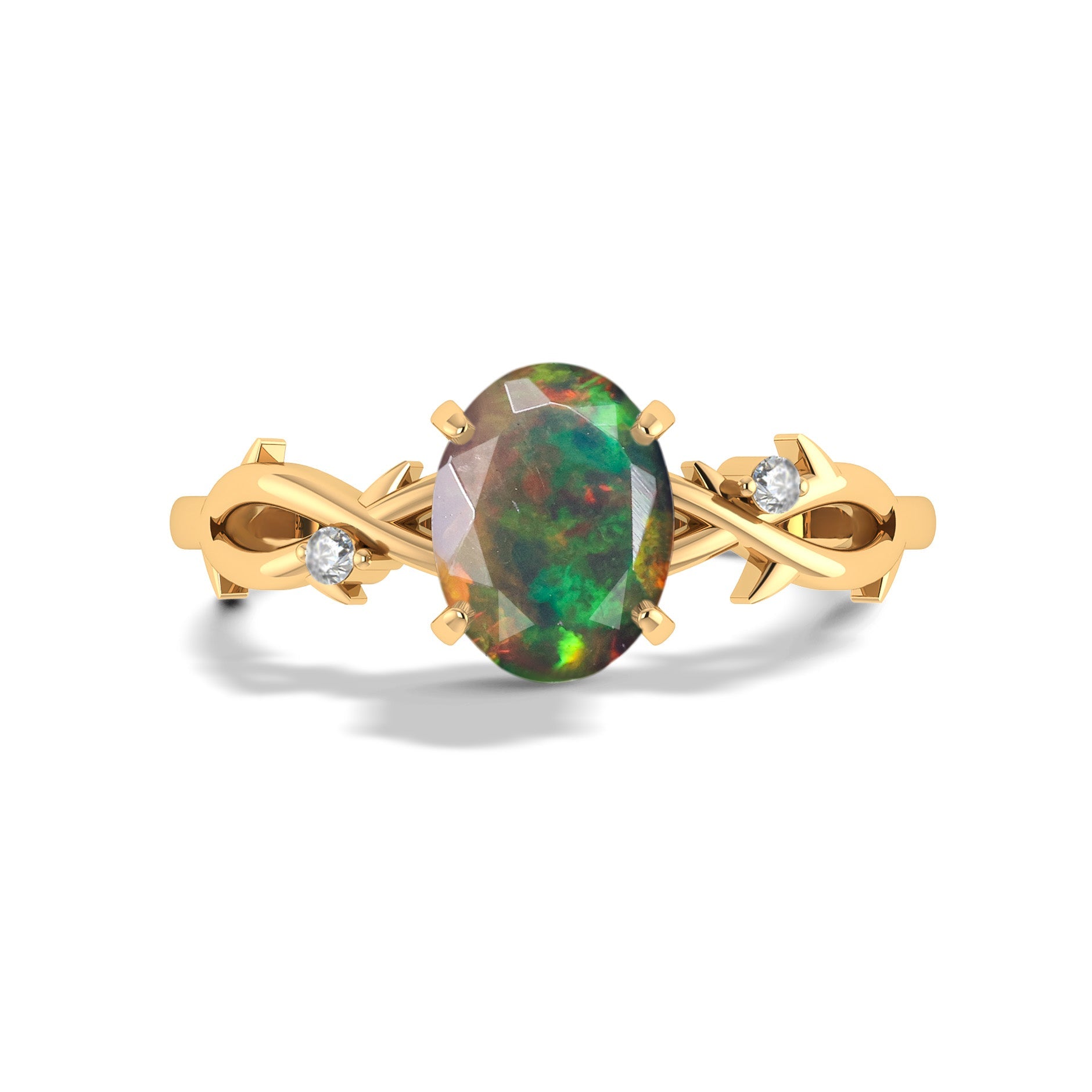 Natural Black Opal with Side Stone Crossover Solitaire Ring - Goodstone Jewels