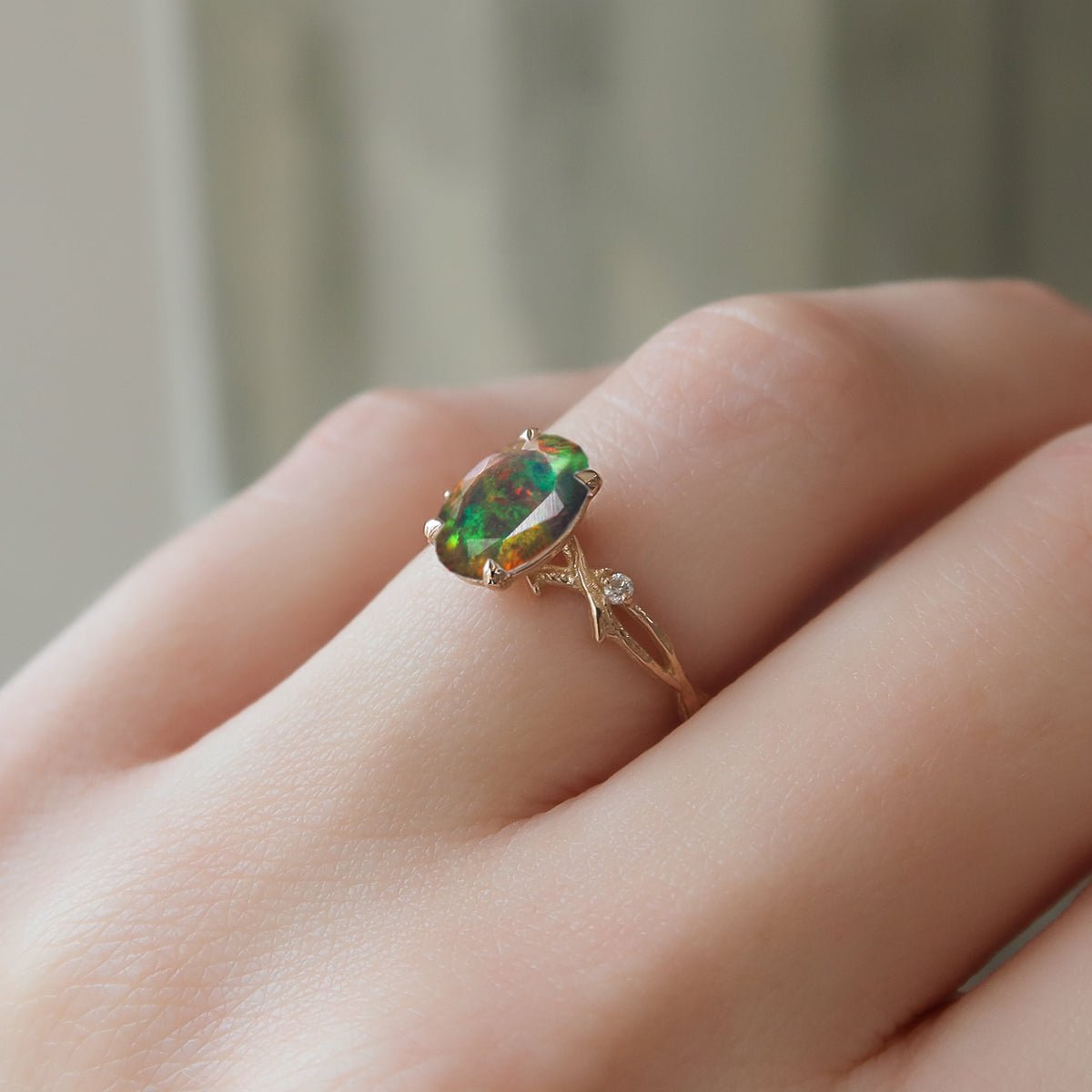 Natural Black Opal with Side Stone Crossover Solitaire Ring - Goodstone Jewels