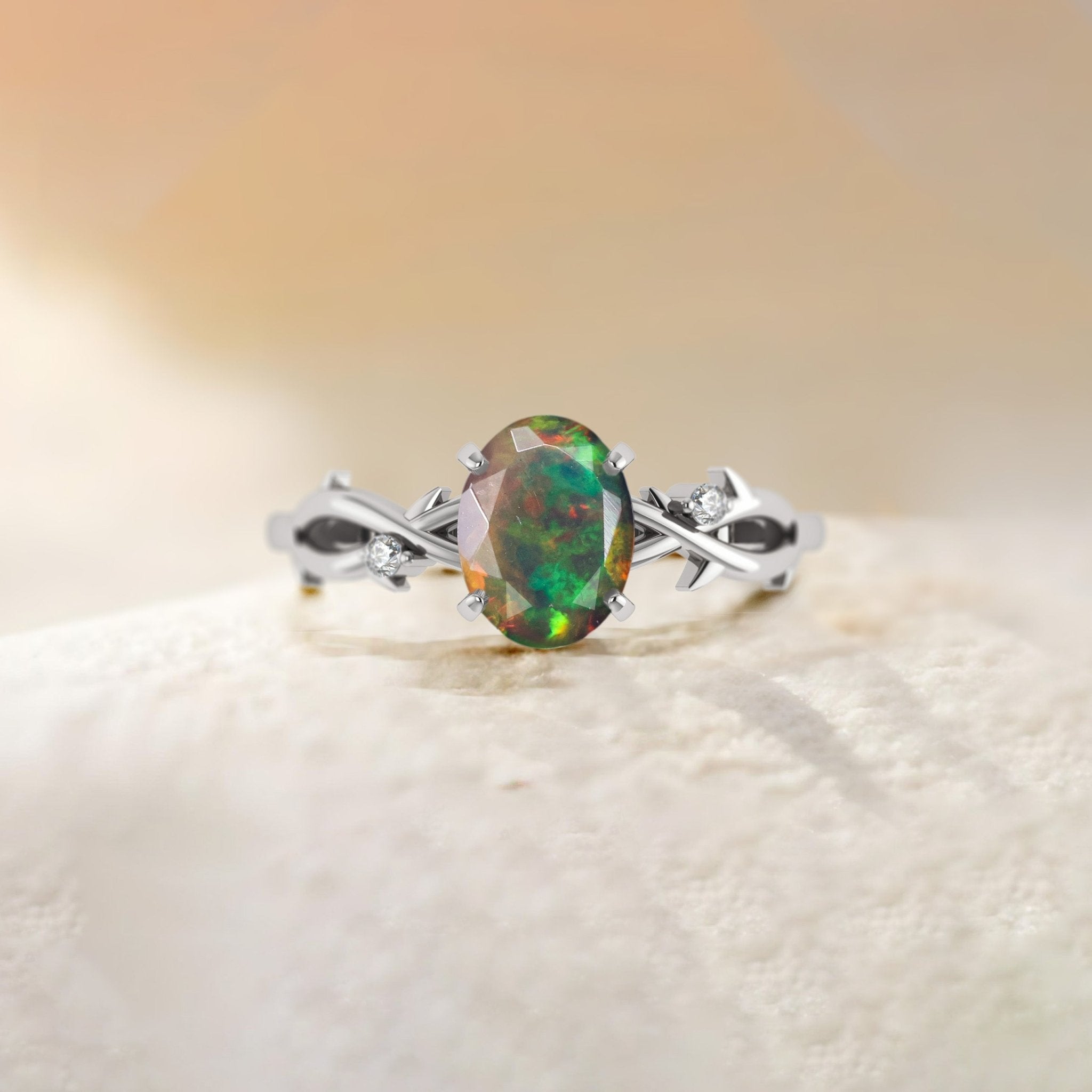 Natural Black Opal with Side Stone Crossover Solitaire Ring - Goodstone Jewels
