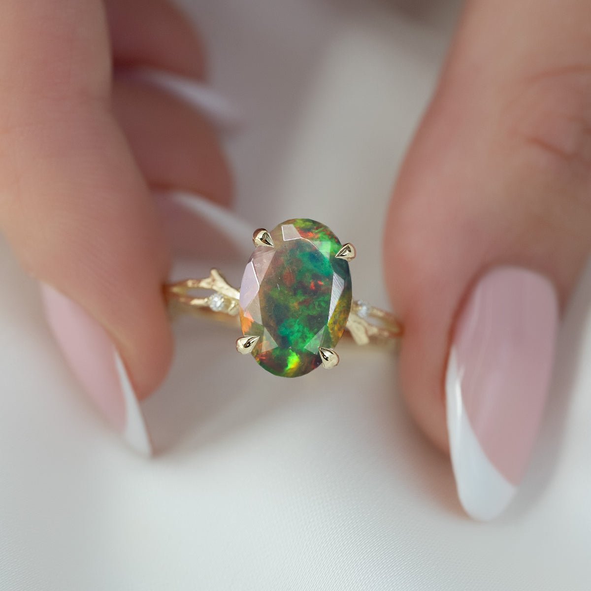 Natural Black Opal with Side Stone Crossover Solitaire Ring - Goodstone Jewels