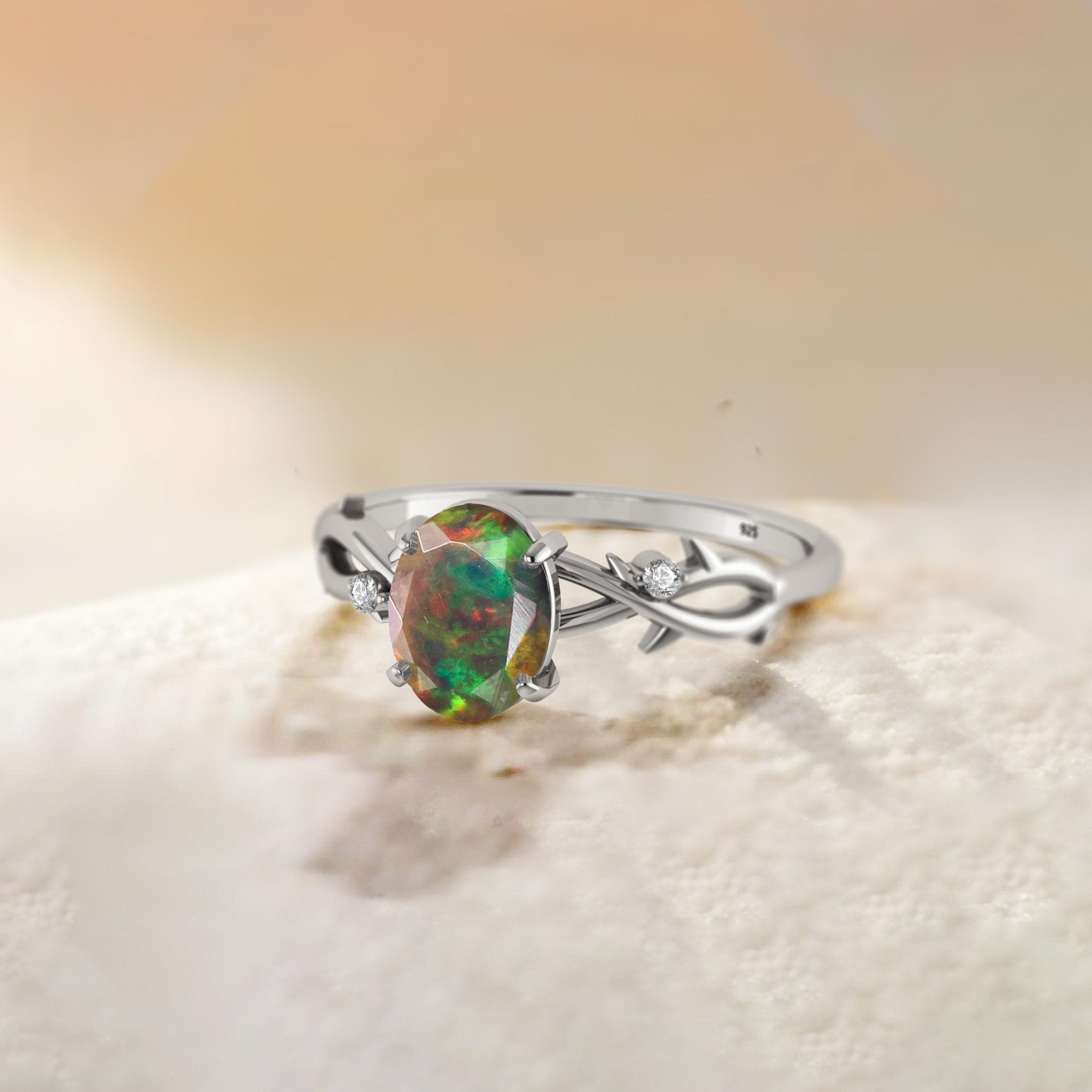 Natural Black Opal with Side Stone Crossover Solitaire Ring - Goodstone Jewels