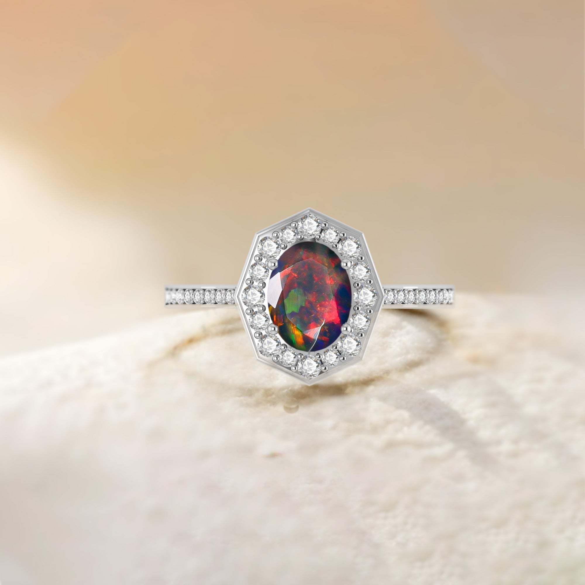 Natural Black Opal with White Zircon Engagement Halo Ring - Goodstone Jewels