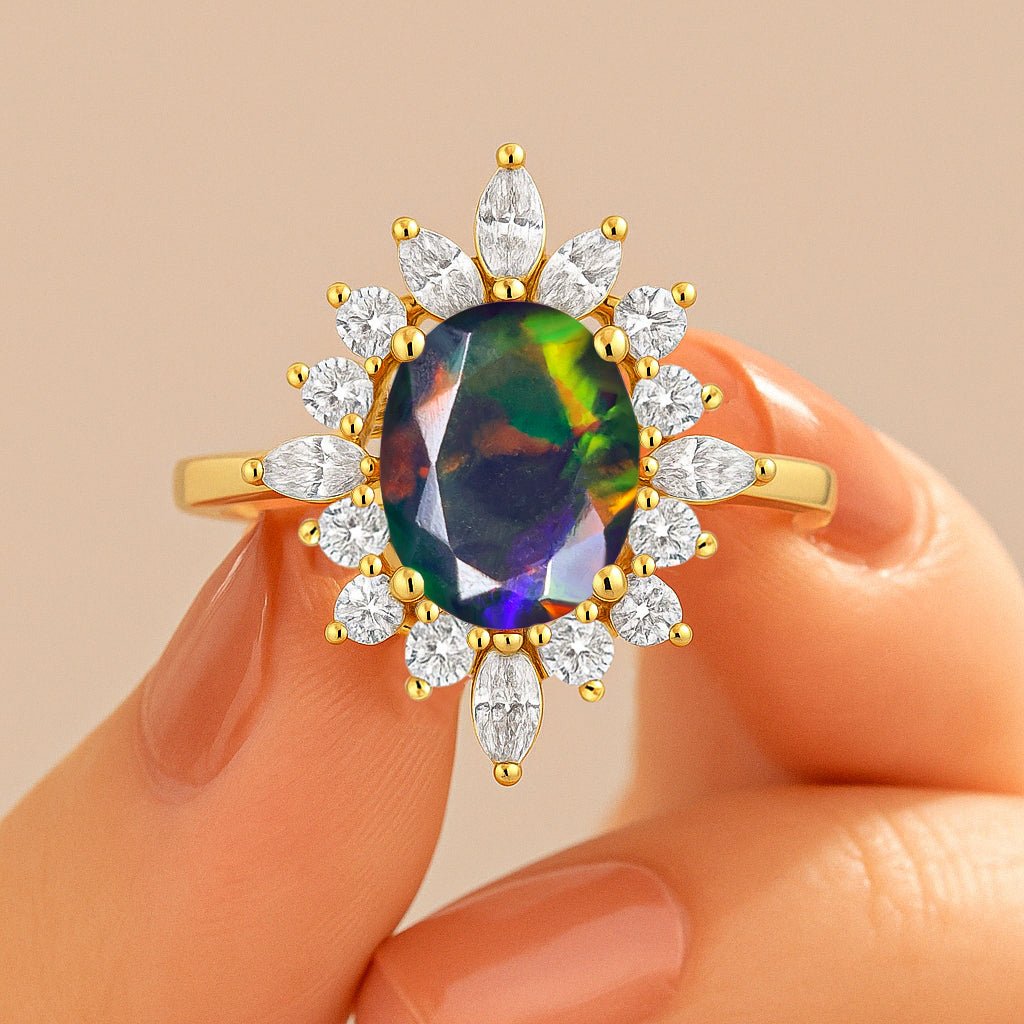 Natural Black Opal with White Zircon Halo Ring in Silver & Yellow Gold Filled - Goodstone Jewels