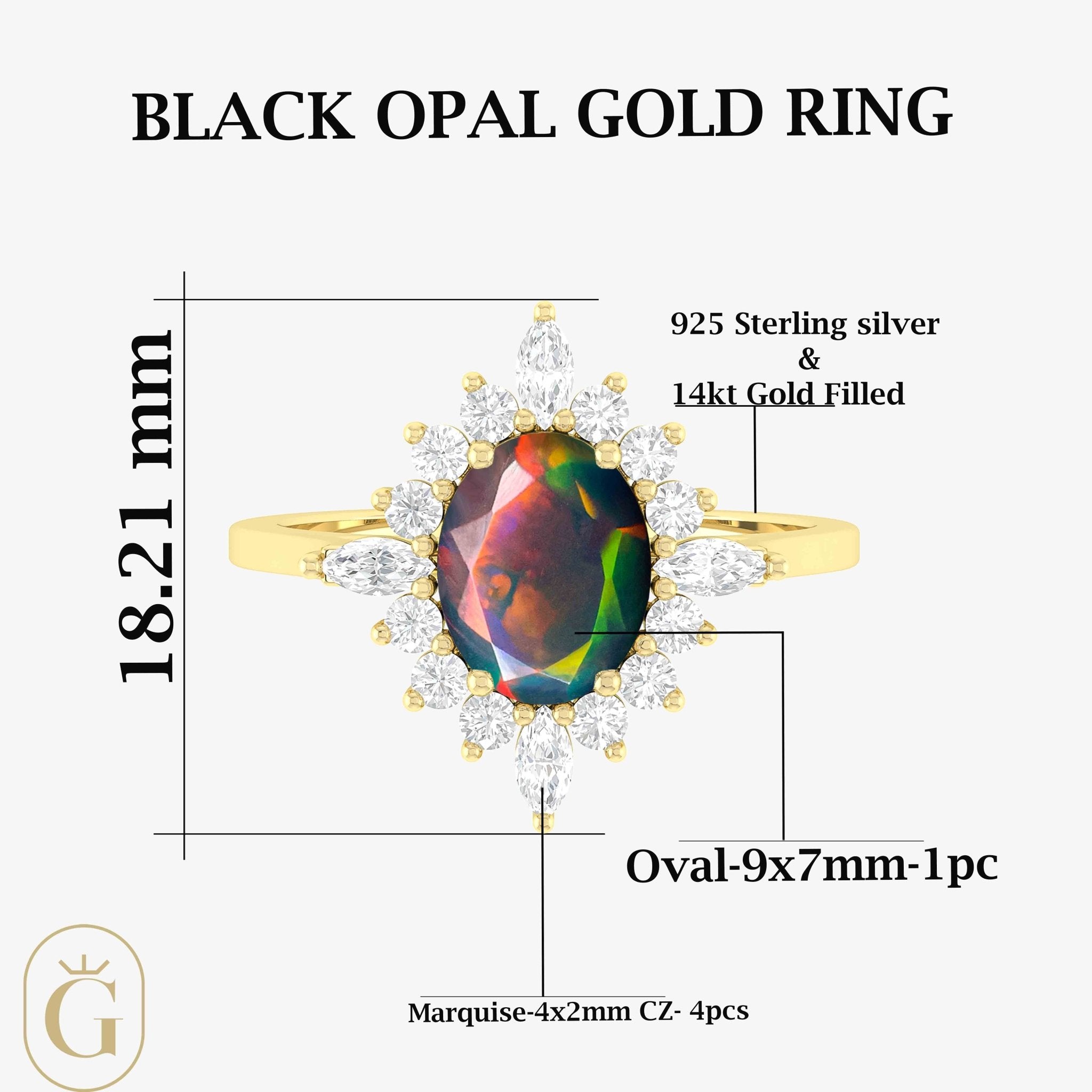 Natural Black Opal with White Zircon Halo Ring in Silver & Yellow Gold Filled - Goodstone Jewels