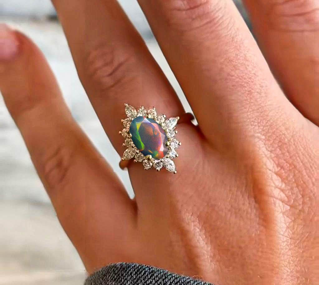 Natural Black Opal with White Zircon Halo Ring in Silver & Yellow Gold Filled - Goodstone Jewels