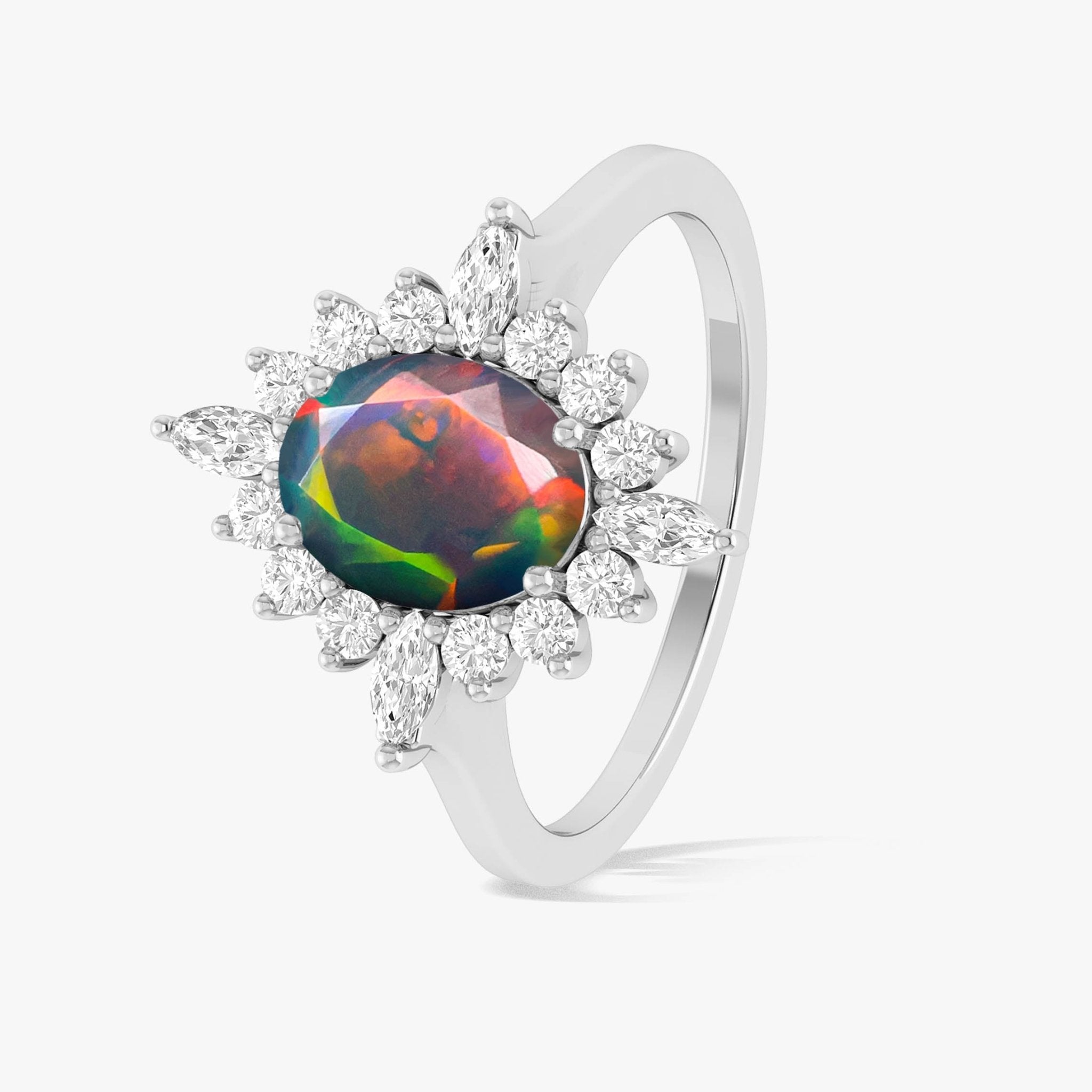 Natural Black Opal with White Zircon Halo Ring in Silver & Yellow Gold Filled - Goodstone Jewels