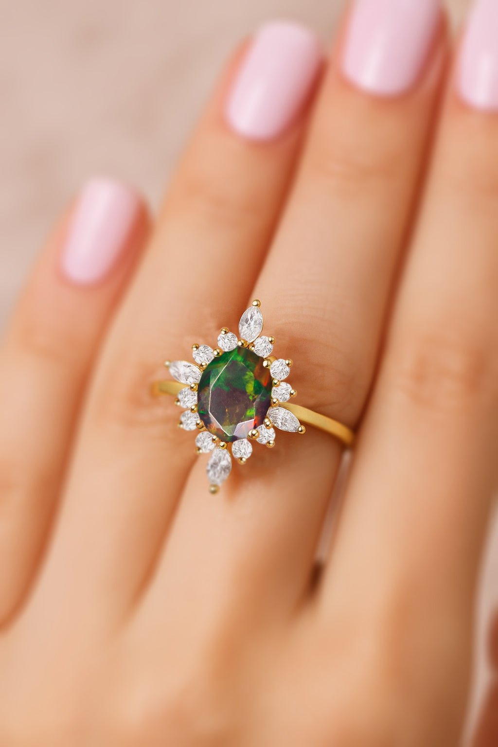 Natural Black Opal with White Zircon Halo Ring in Silver & Yellow Gold Filled - Goodstone Jewels