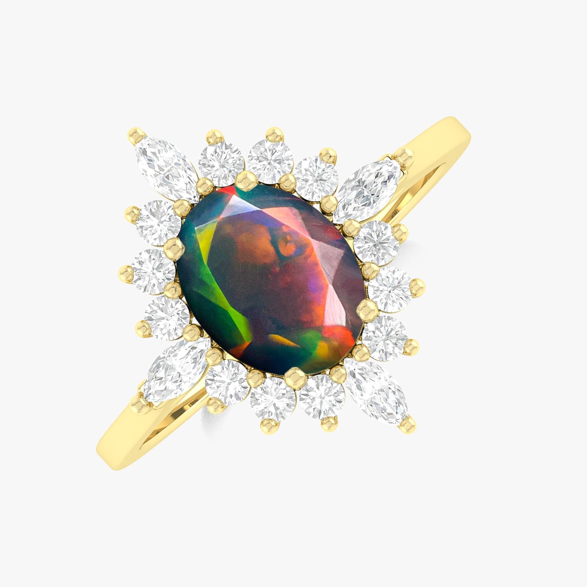 Natural Black Opal with White Zircon Halo Ring in Silver & Yellow Gold Filled - Goodstone Jewels