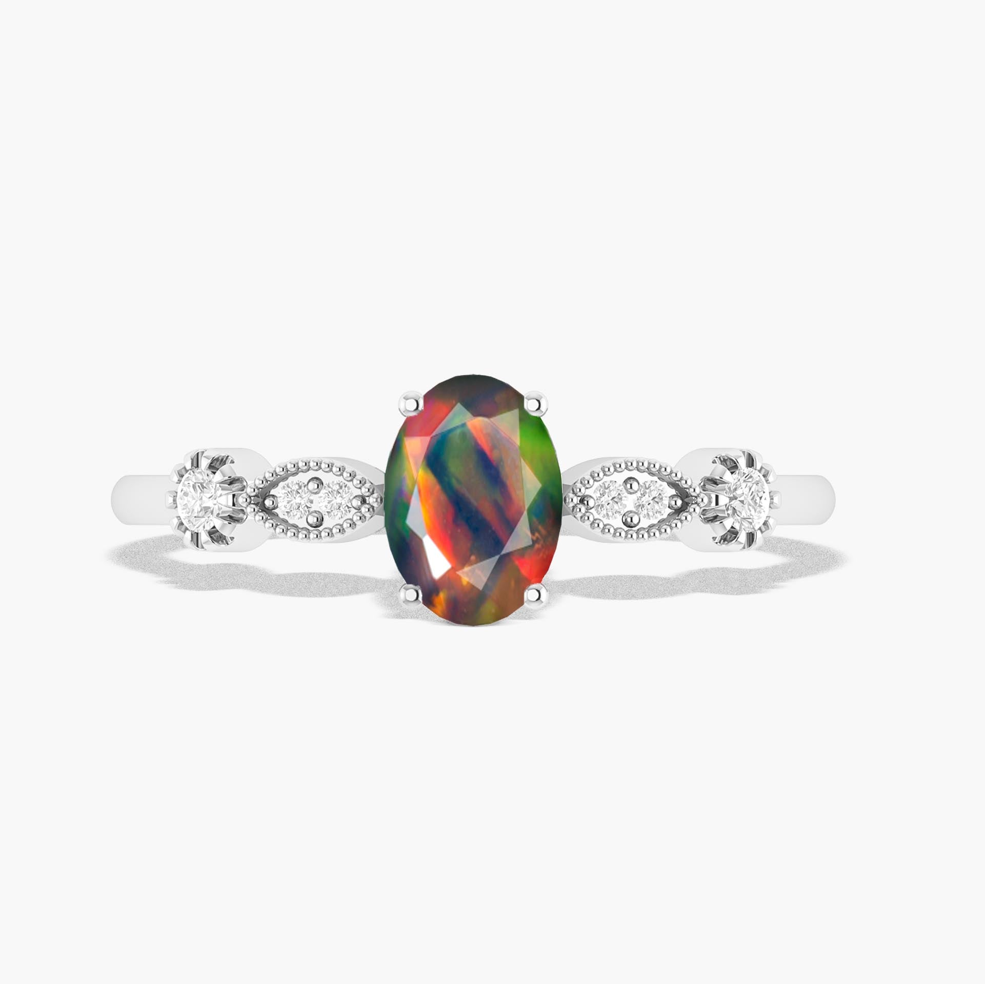 Natural Black Opal with White Zircon Side Stone Solitaire Ring - Goodstone Jewels