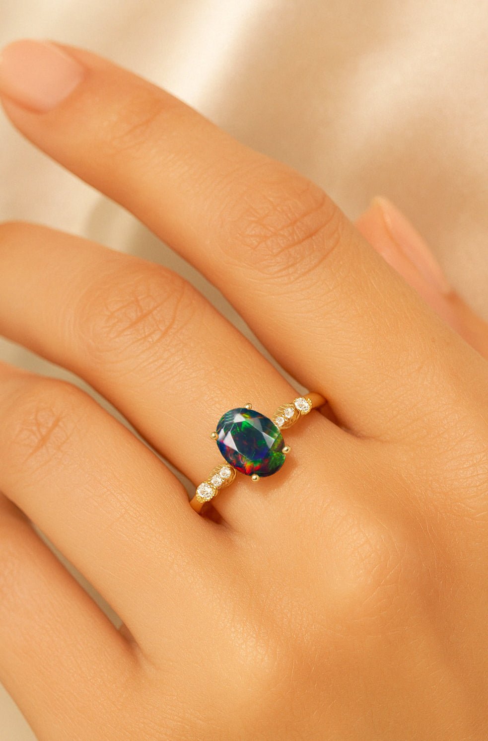 Natural Black Opal with White Zircon Side Stone Solitaire Ring - Goodstone Jewels