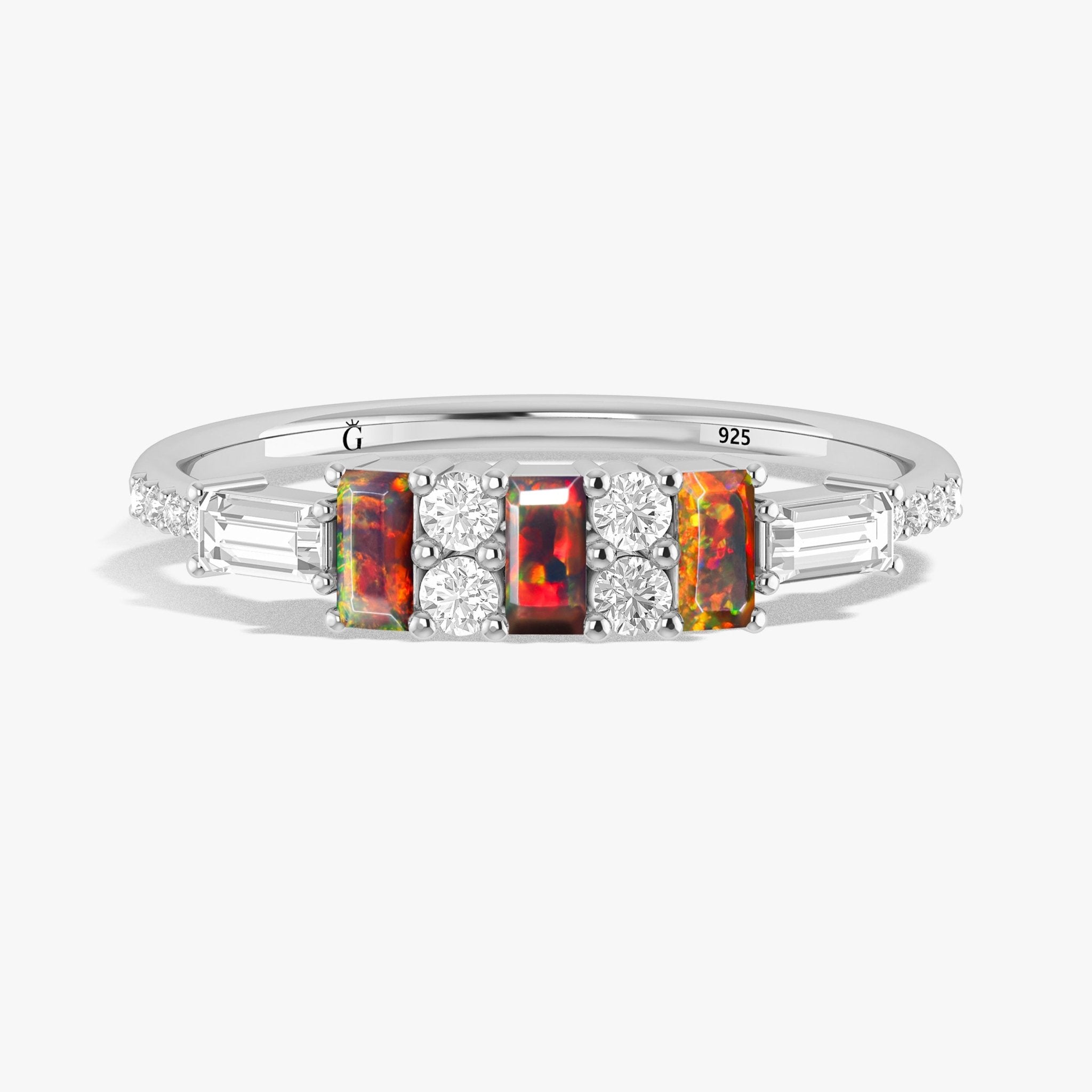 Natural Black Opal with White Zircon Three Stone Statement Ring - Goodstone Jewels